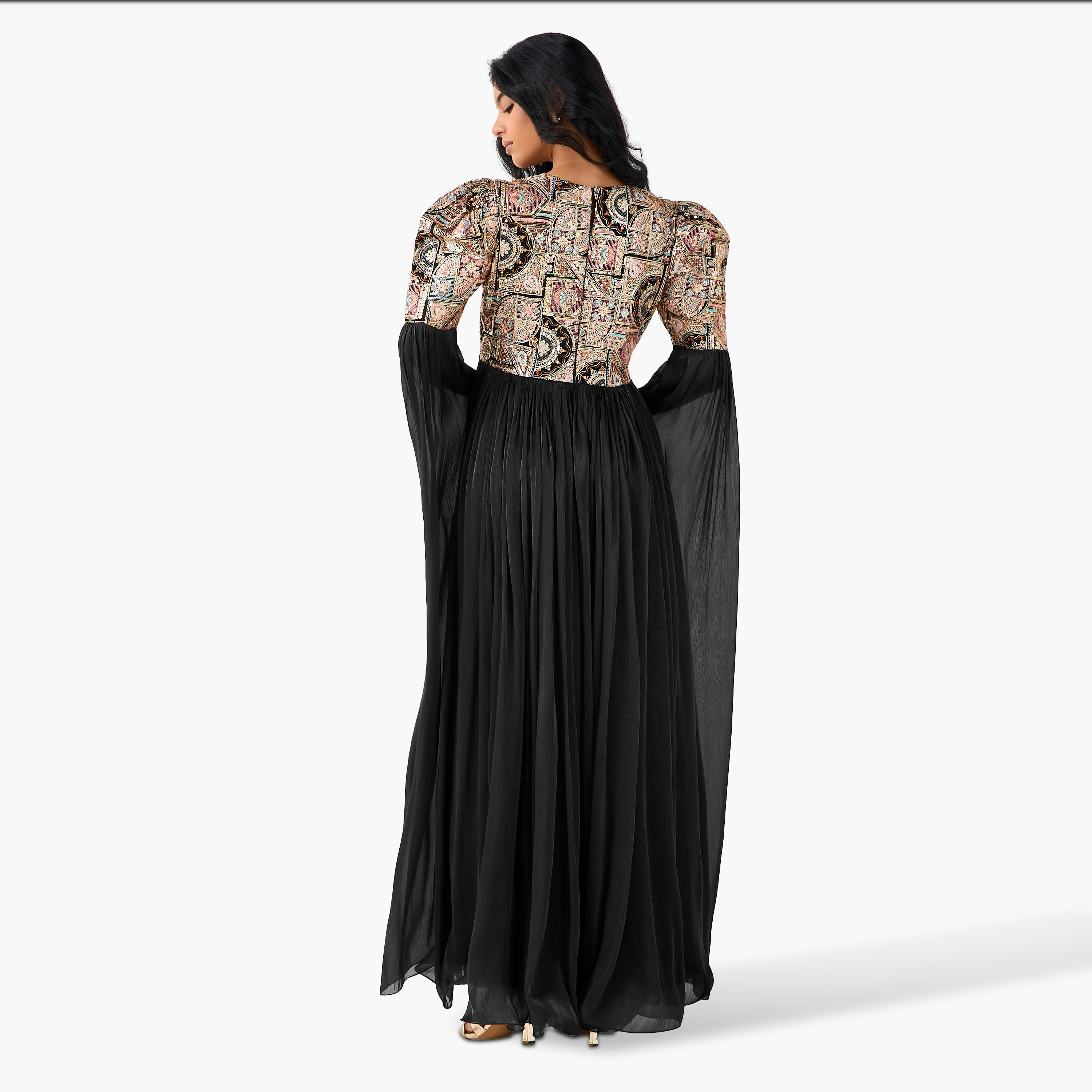 Golden Apple Embellished Cape Maxi Polyester Dress with V-neck-women-clothing-dresses-image-3