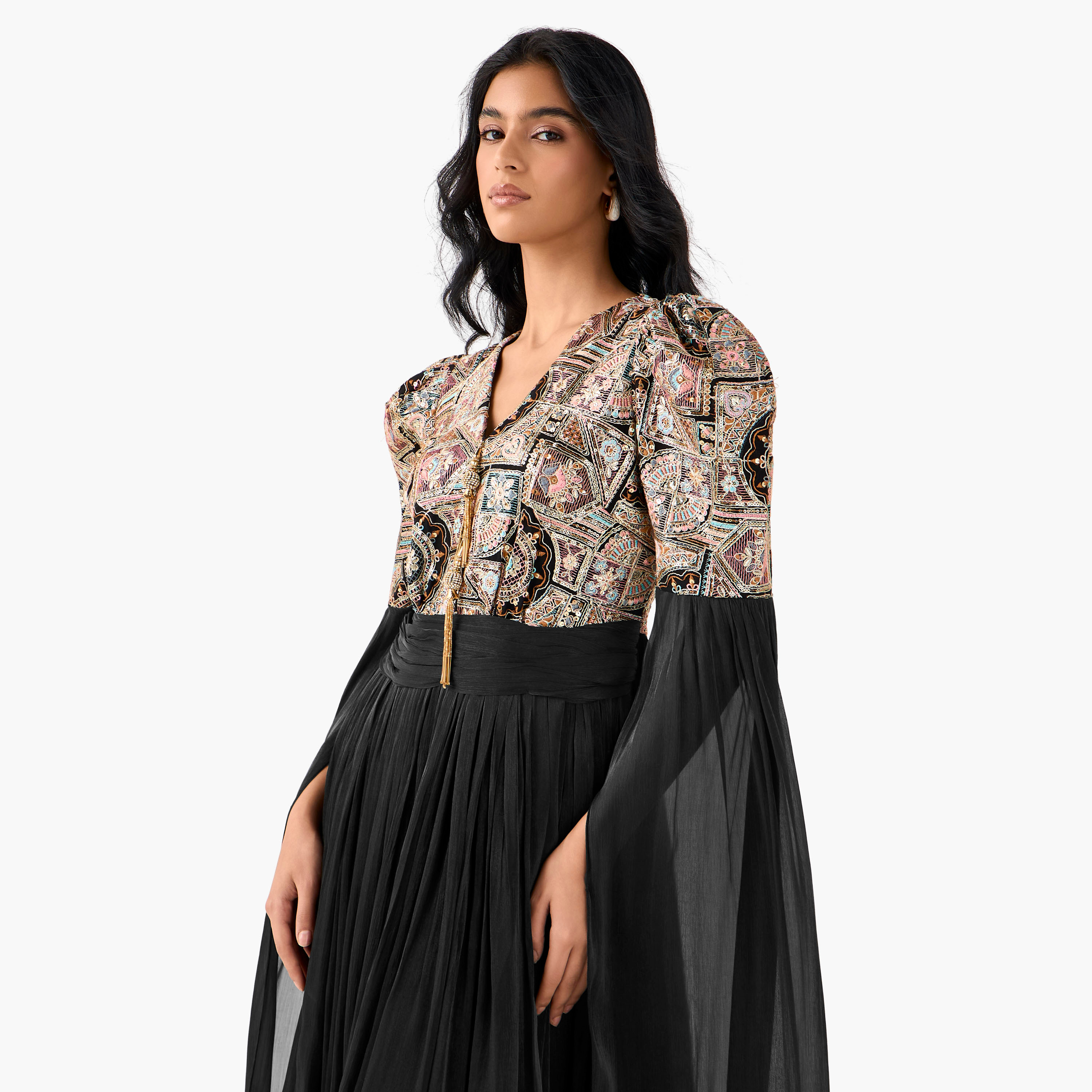 فستان ماكسي كاب بوليستر مزخرف وياقة V من جولدن أبل-women-clothing-dresses-image-4