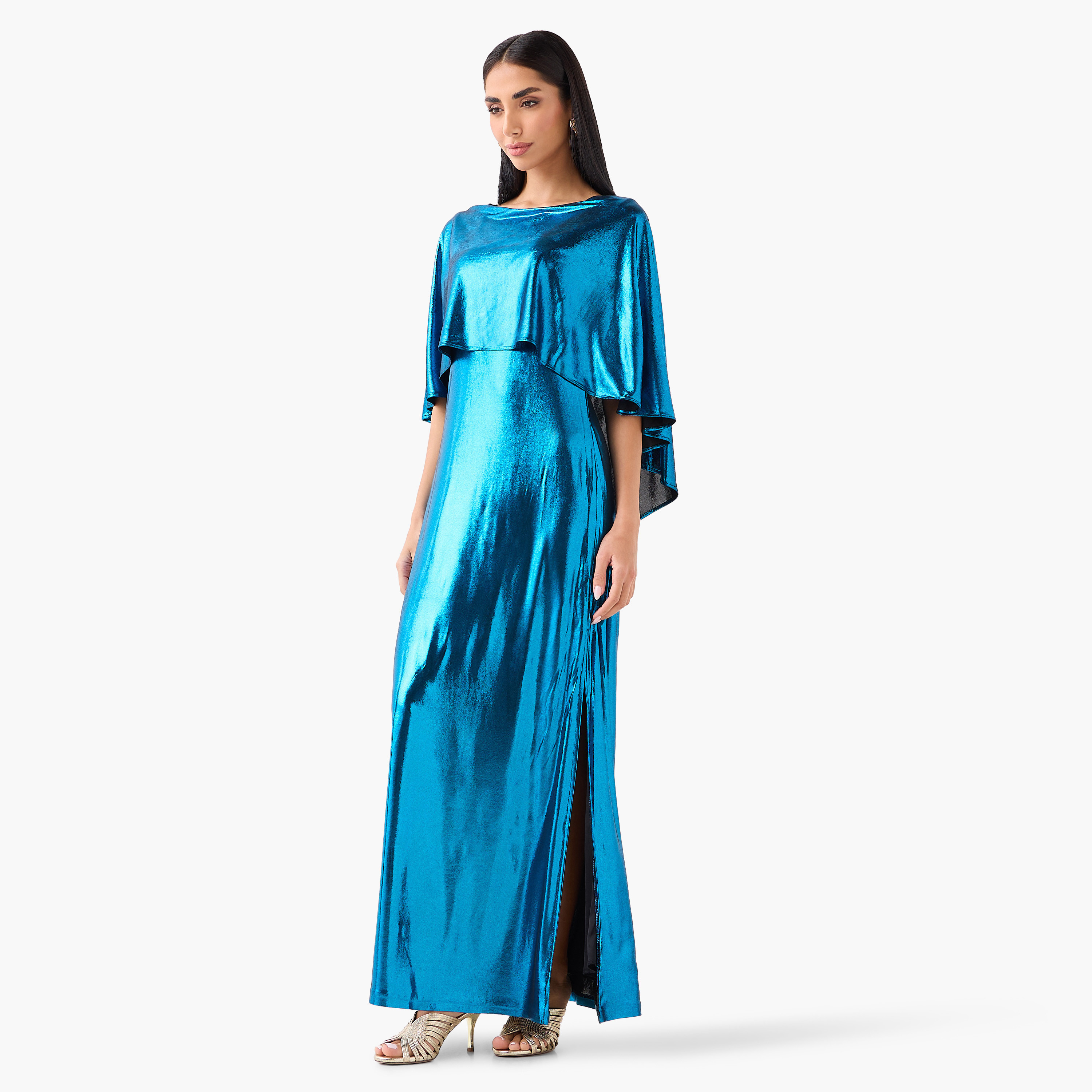 Golden Apple Metallic Boat Neck Cape Sleeves Sheath Women's Evening Maxi Dress-women-clothing-dresses-image-6