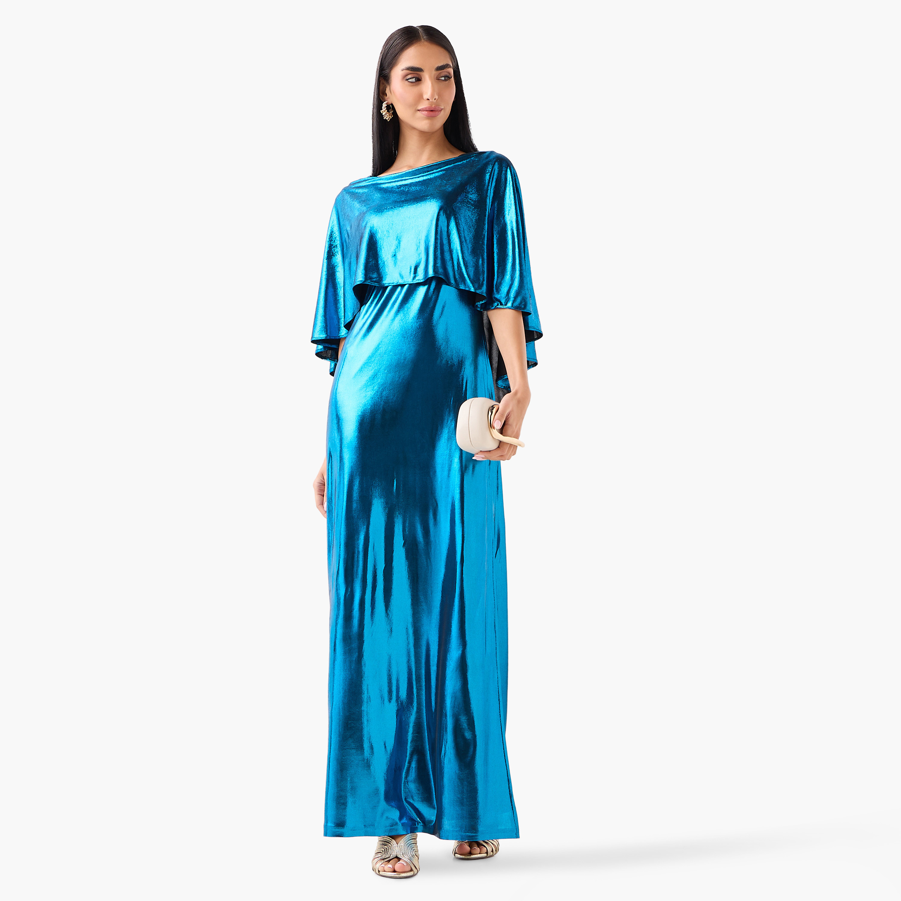Golden Apple Metallic Boat Neck Cape Sleeves Sheath Women's Evening Maxi Dress-women-clothing-dresses-image-3
