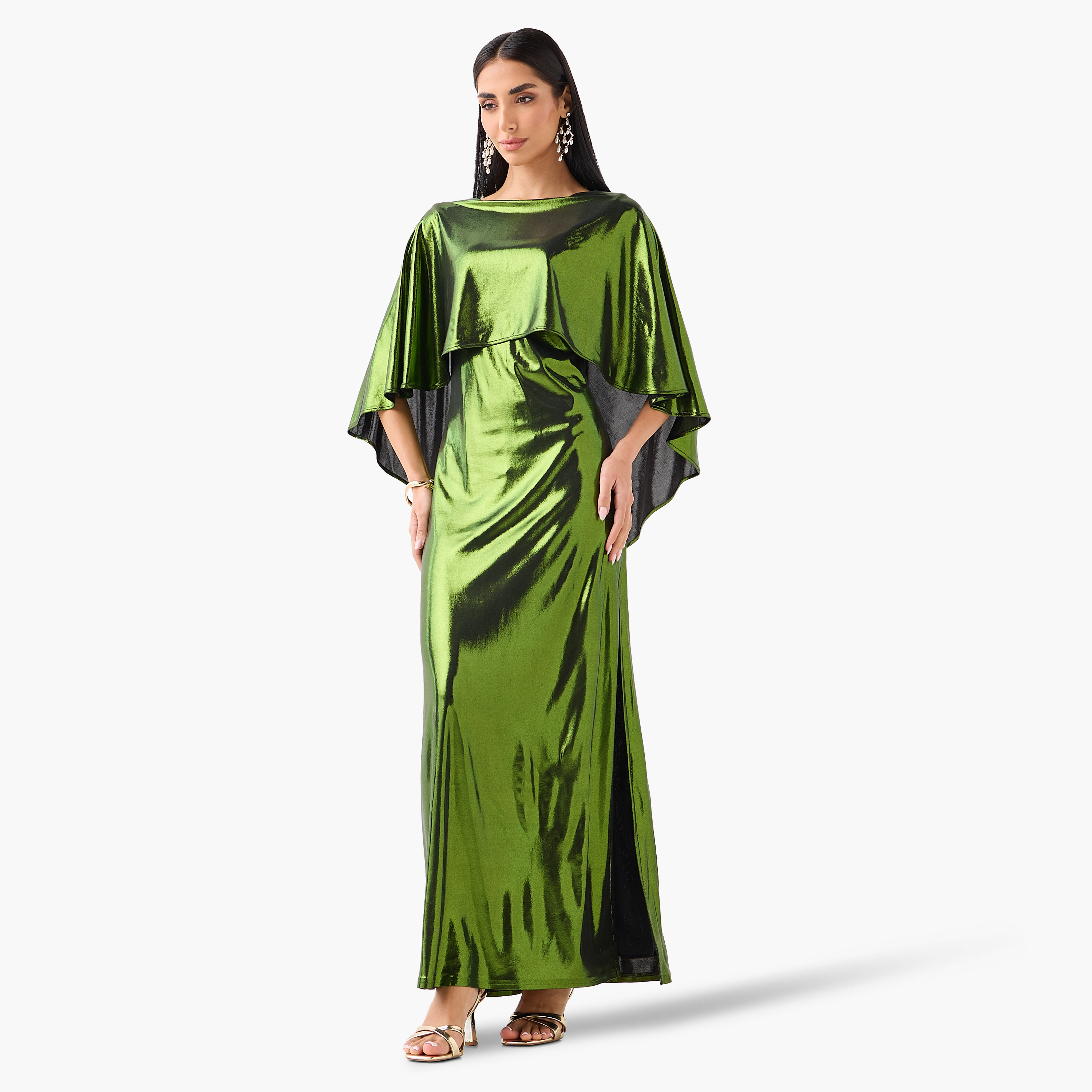 Golden Apple Metallic Boat Neck Cape Sleeves Sheath Women's Evening Maxi Dress-women-clothing-dresses-image-1