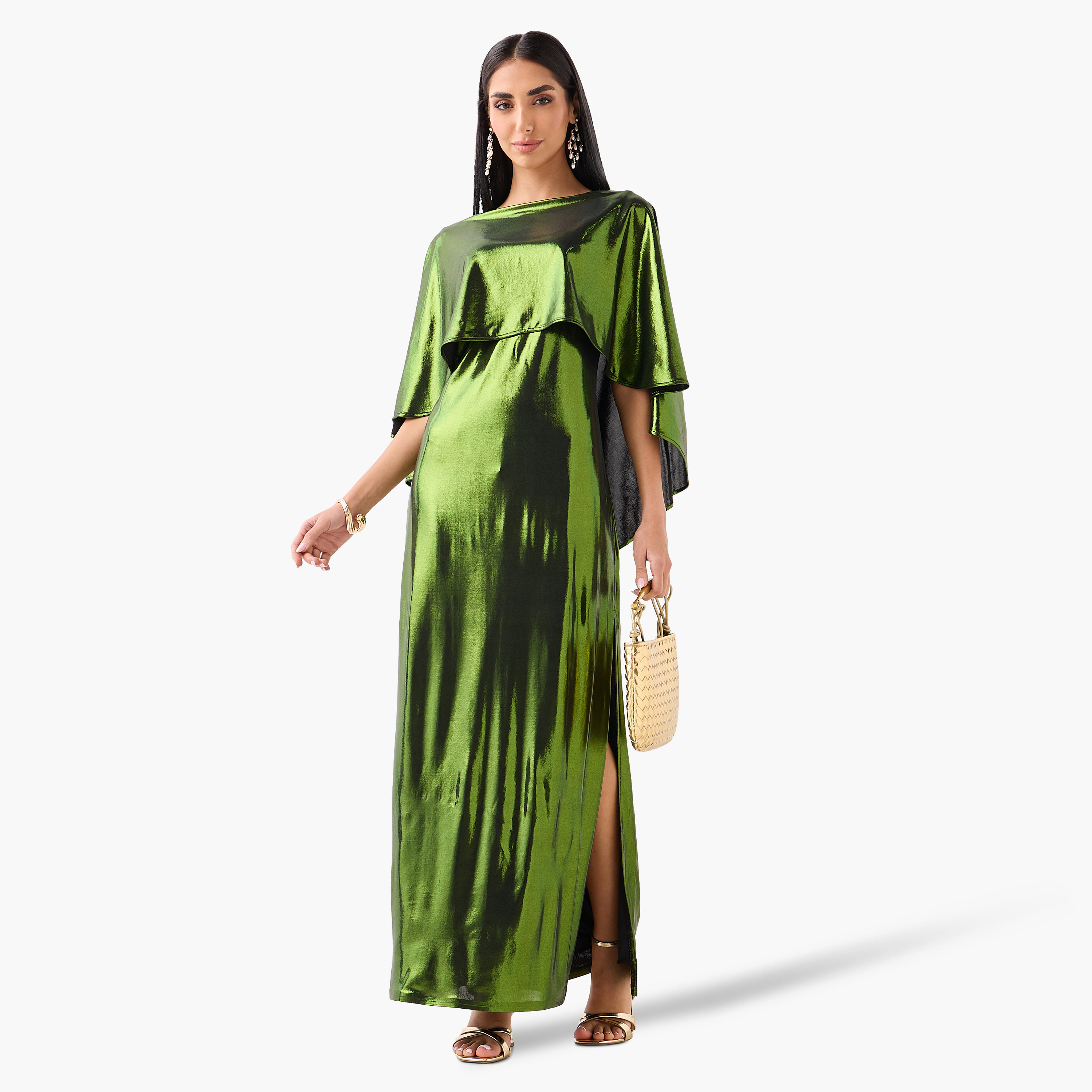 Golden Apple Metallic Boat Neck Cape Sleeves Sheath Women's Evening Maxi Dress-women-clothing-dresses-image-3