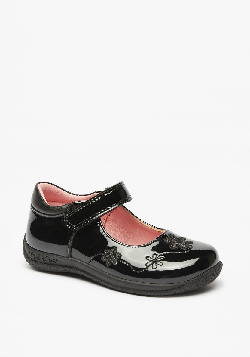 Juniors Floral Embellished Mary Jane Shoes with Hook and Loop Closure-Girl%27s School Shoes-image-0