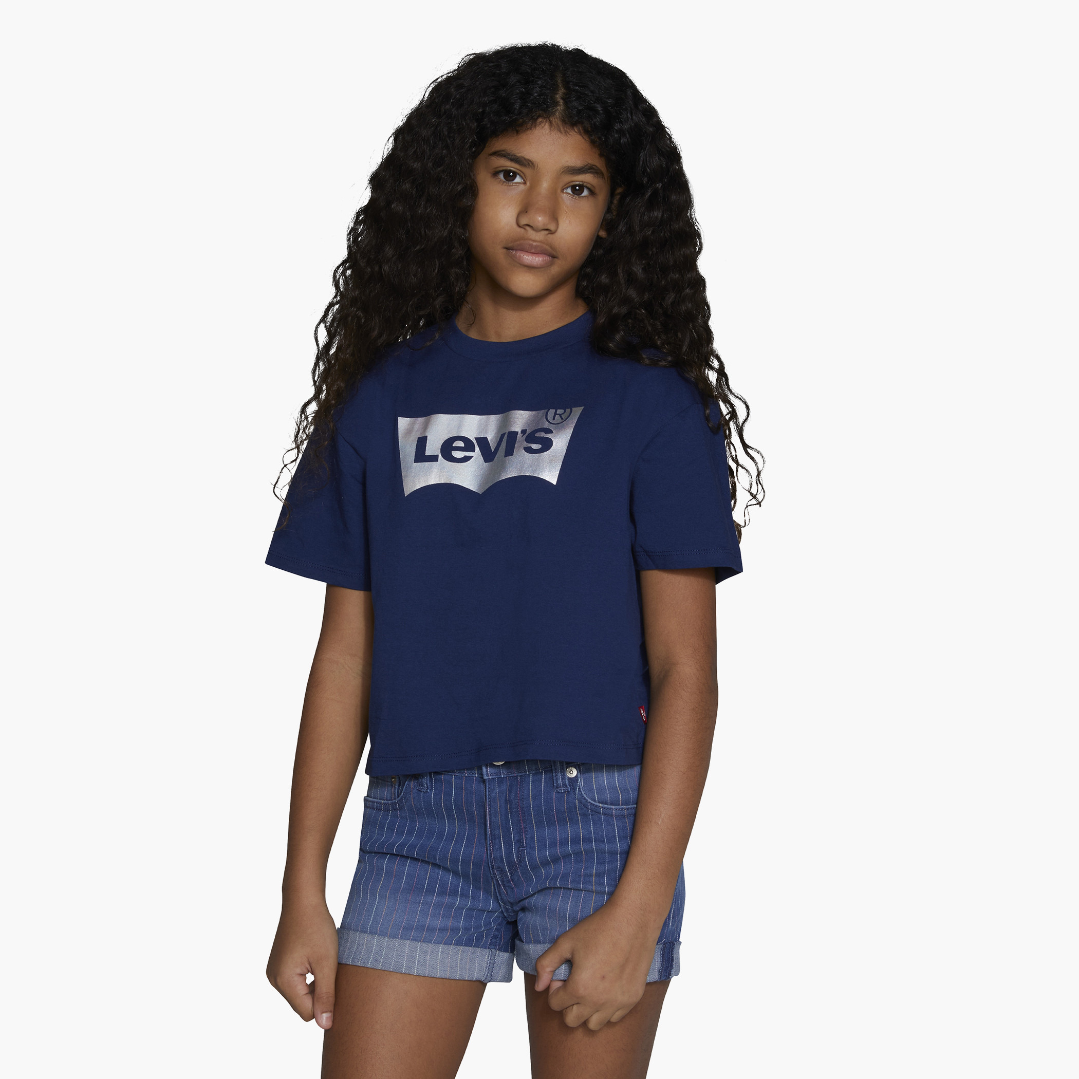 قميص ليوس لكبارالسن من الأطفال بلون أزرق كحلي بياقة مستديرة وأكمام قصيرة-girls-clothing-blousesandshirts-image-1