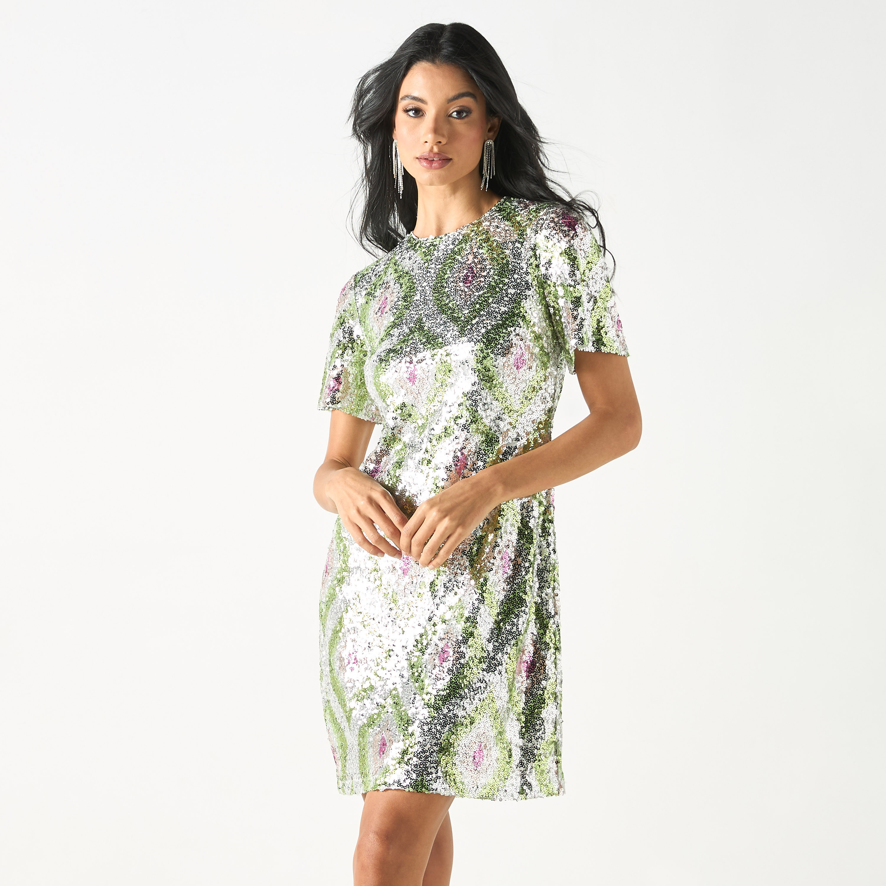 فستان واسع مزين بالترتر بأكمام قصيرة-women-clothing-dresses-image-1