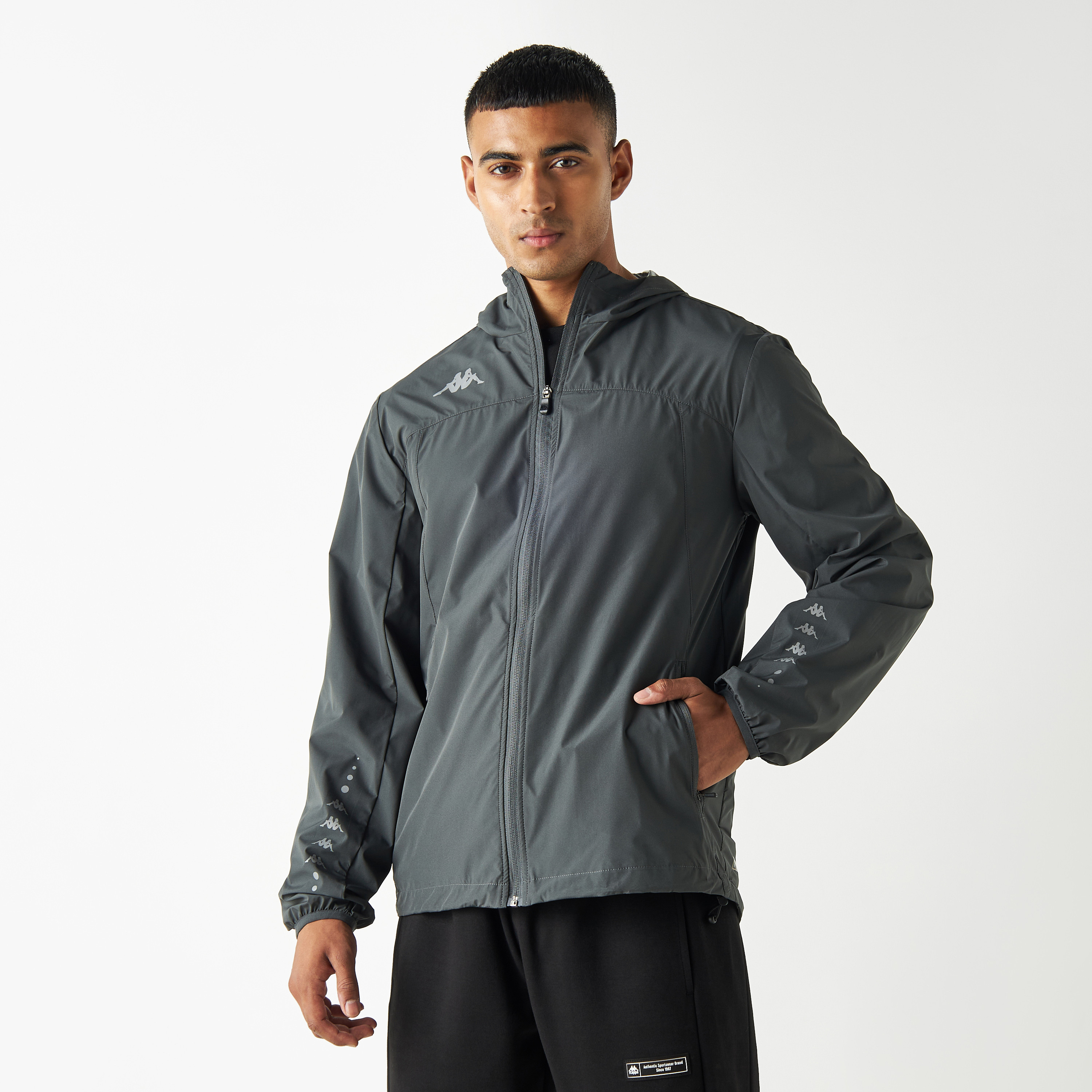 Kappa Logo Detail Zip Through Windshield Jacket with Hood and Pockets-men-clothing-jacketsandblazers-jackets-image-1