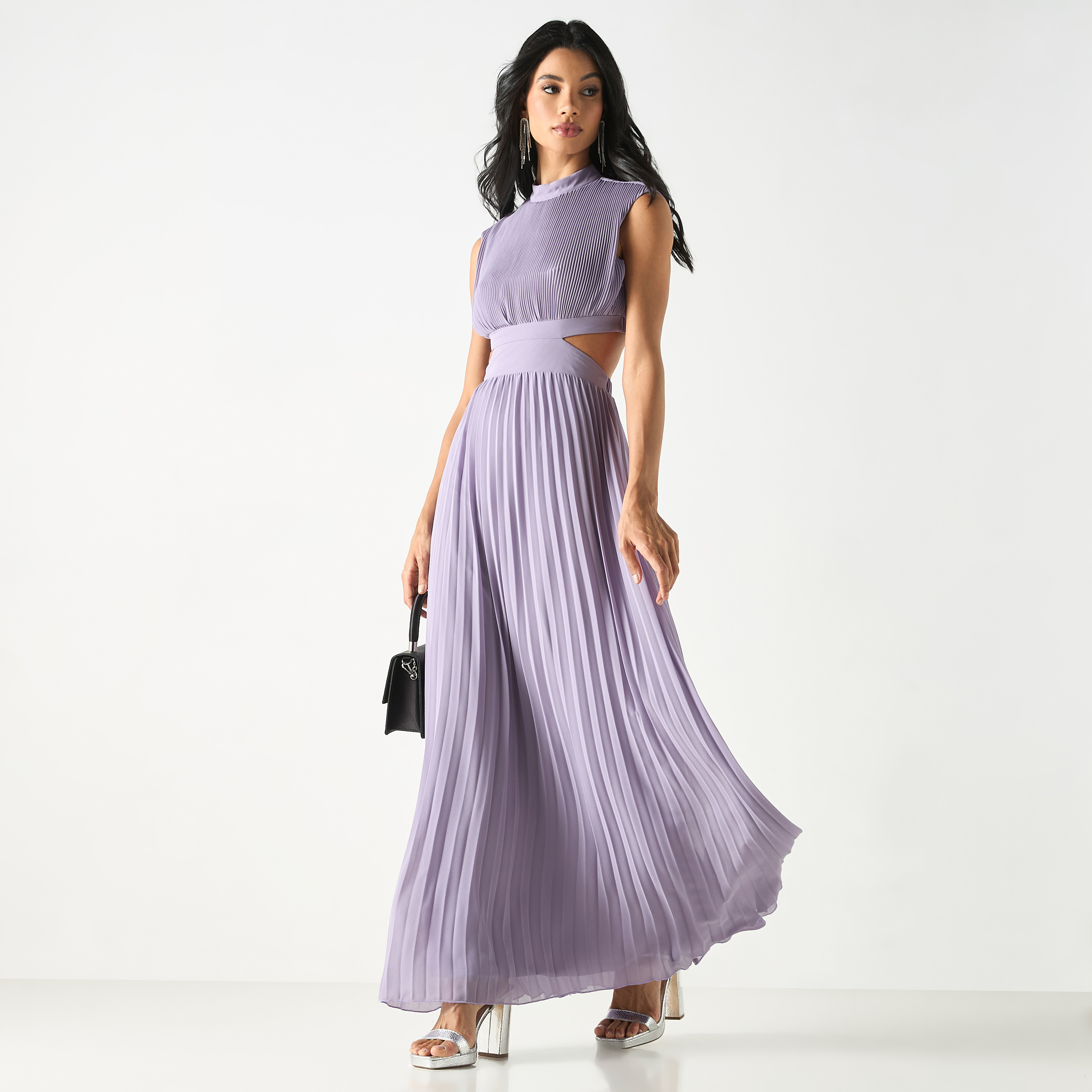 Pleated High Neck Sleeveless Dress with Cutout Detail-women-clothing-dresses-image-1