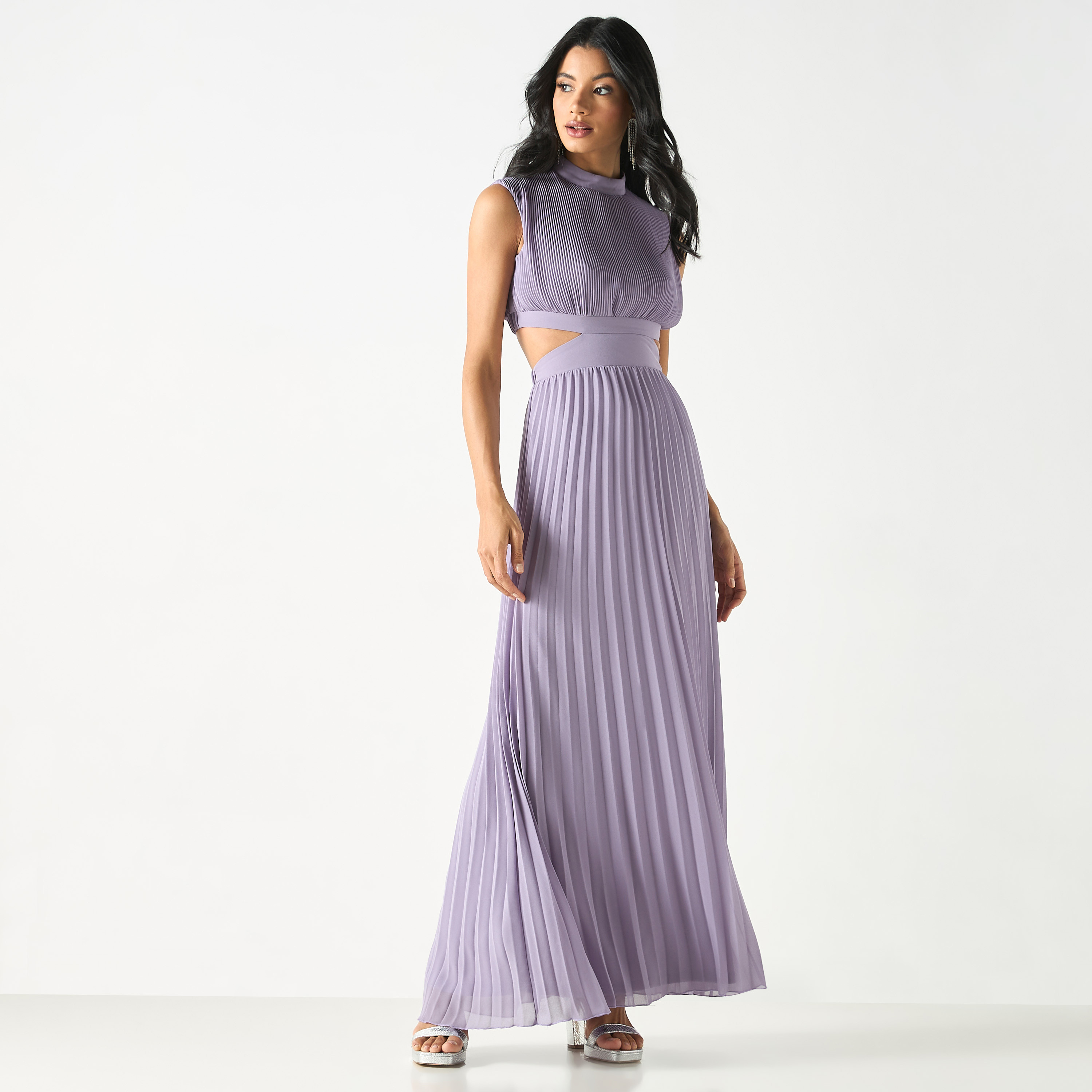 Pleated High Neck Sleeveless Dress with Cutout Detail-women-clothing-dresses-image-2
