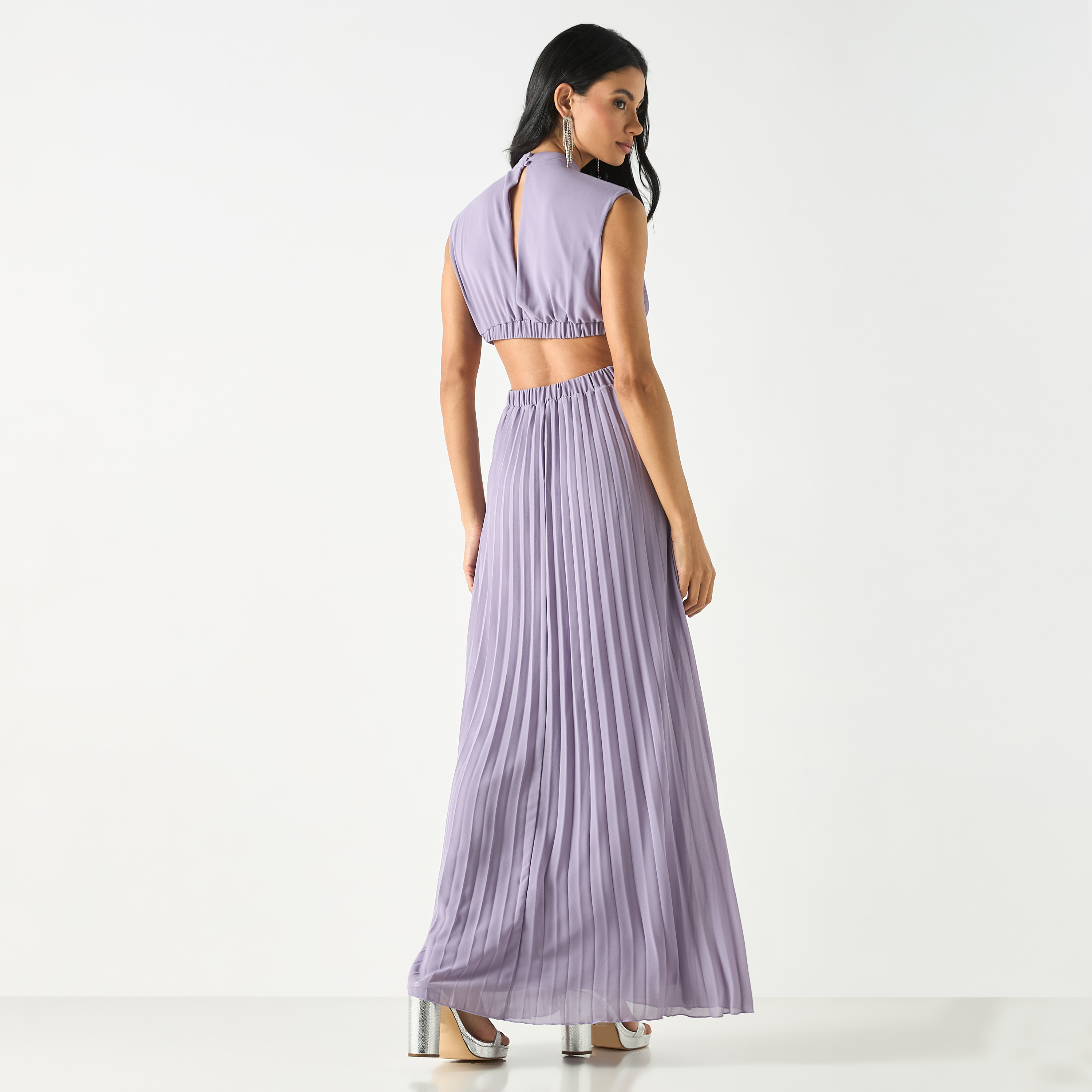 Pleated High Neck Sleeveless Dress with Cutout Detail-women-clothing-dresses-image-3