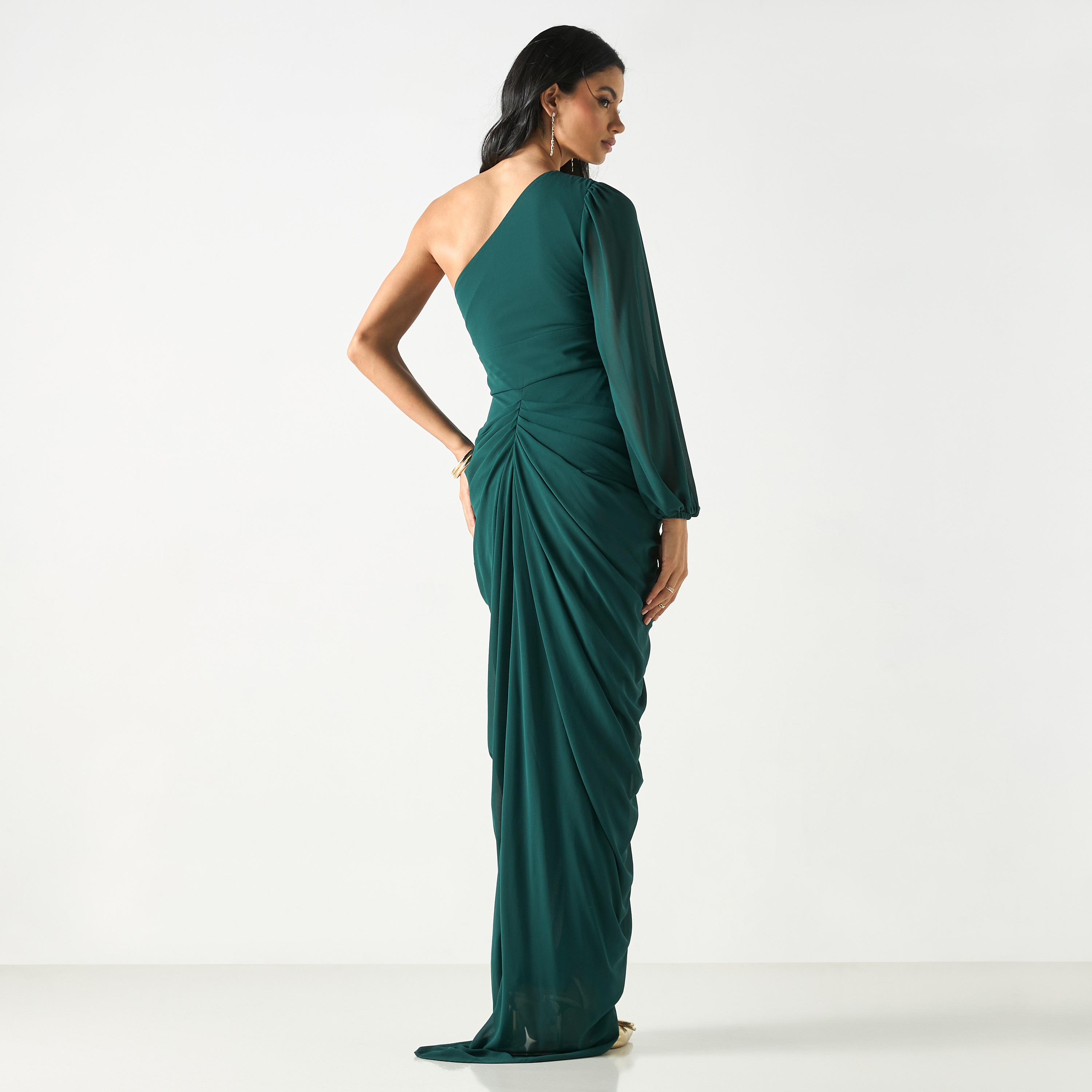 Solid One Shoulder Dress with Drape Detail-women-clothing-dresses-image-3