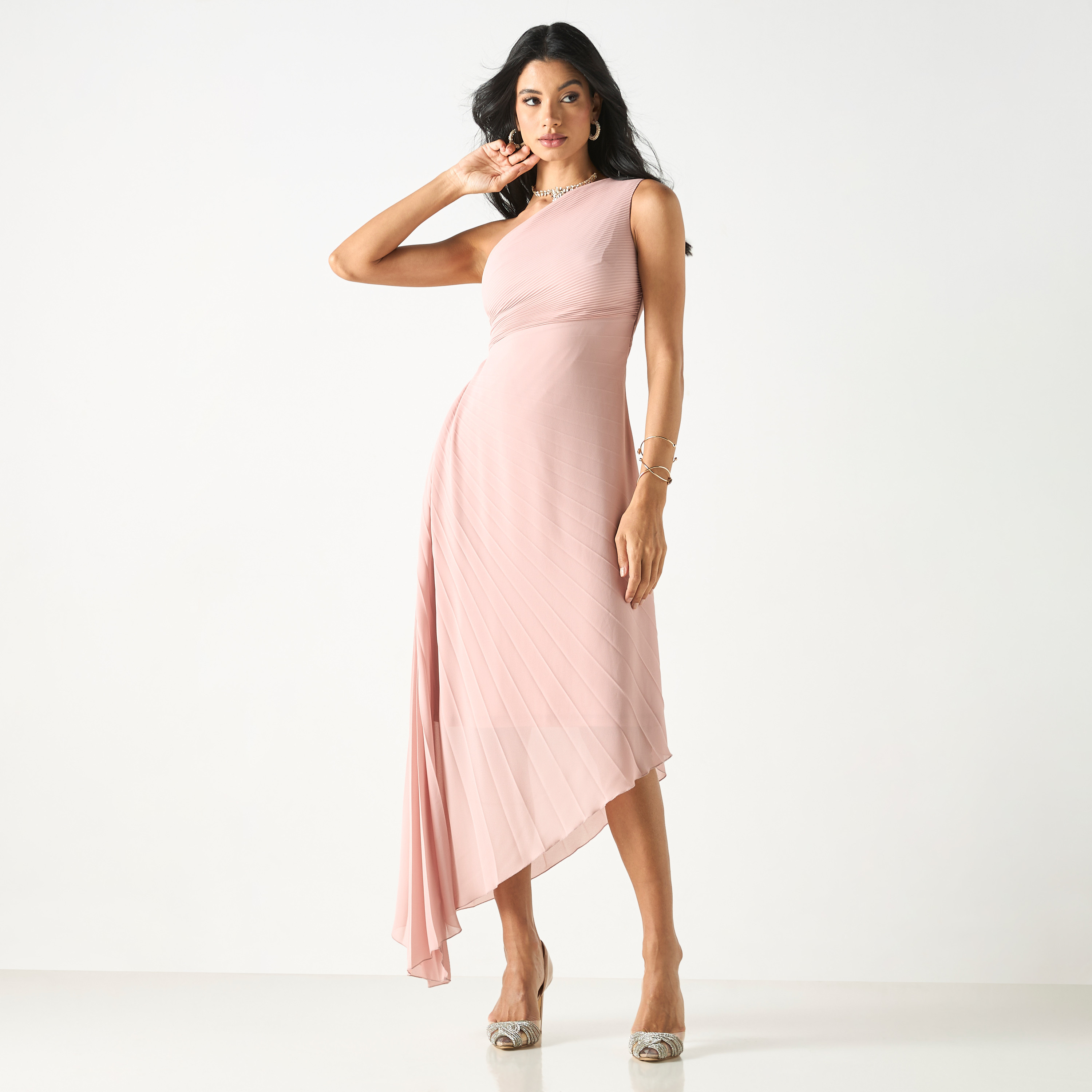 Pleated One Shoulder Dress with Asymmetric Hem-women-clothing-dresses-image-1