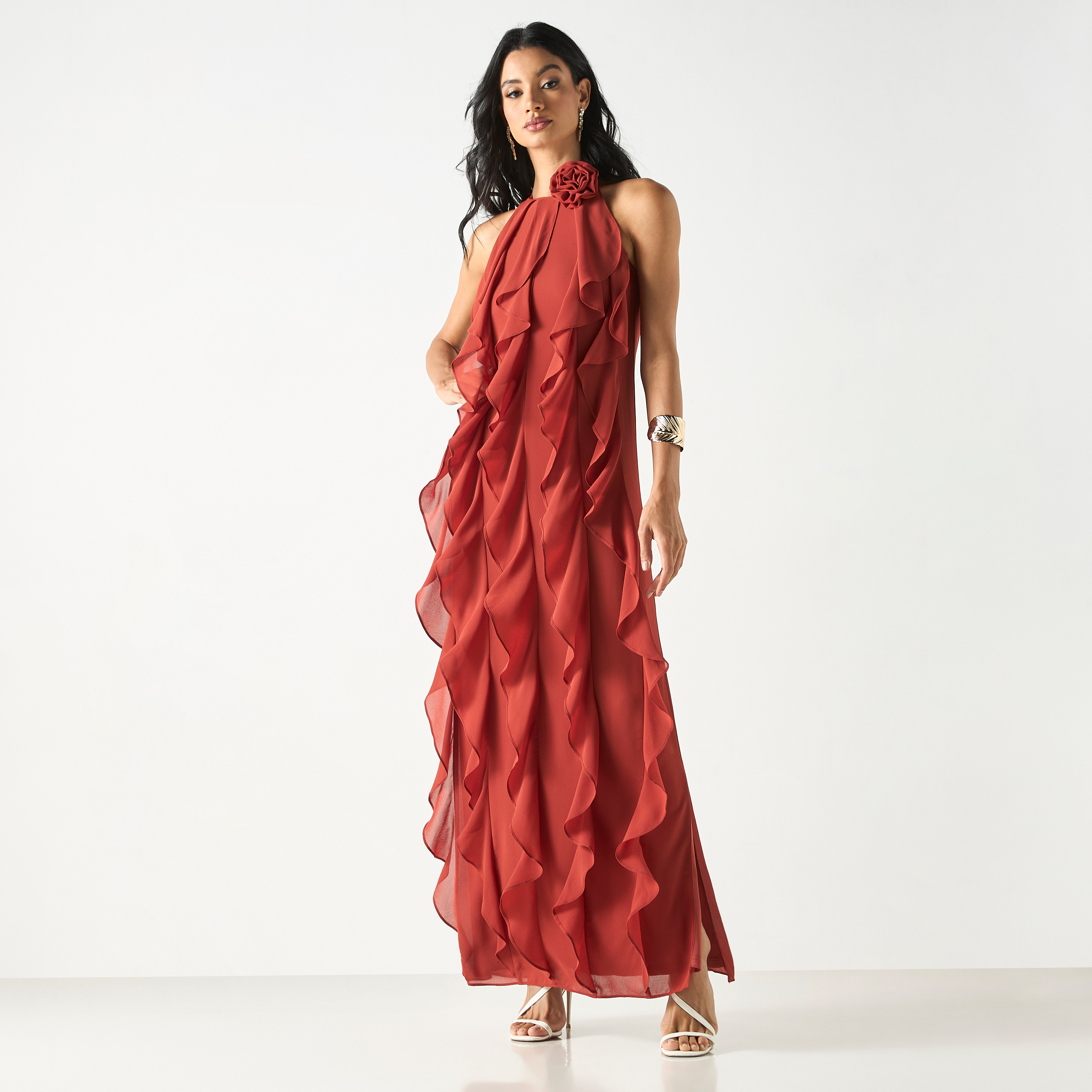 فستان دون أكمام بياقة عالية وتفاصيل كشكش وزينة أزهار-women-clothing-dresses-image-2