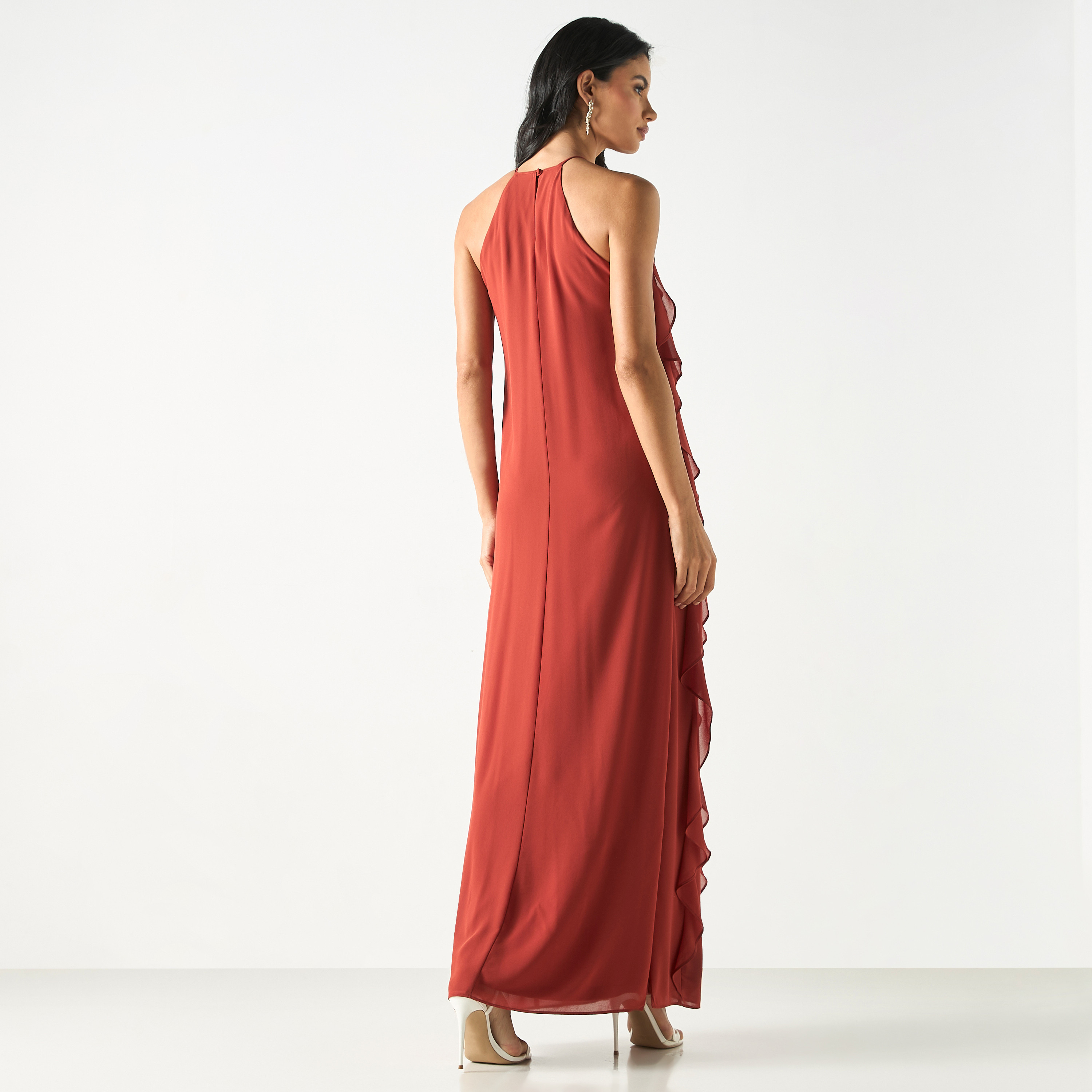 Ruffle Detail Sleeveless Dress with High Neck and Floral Accent-women-clothing-dresses-image-3