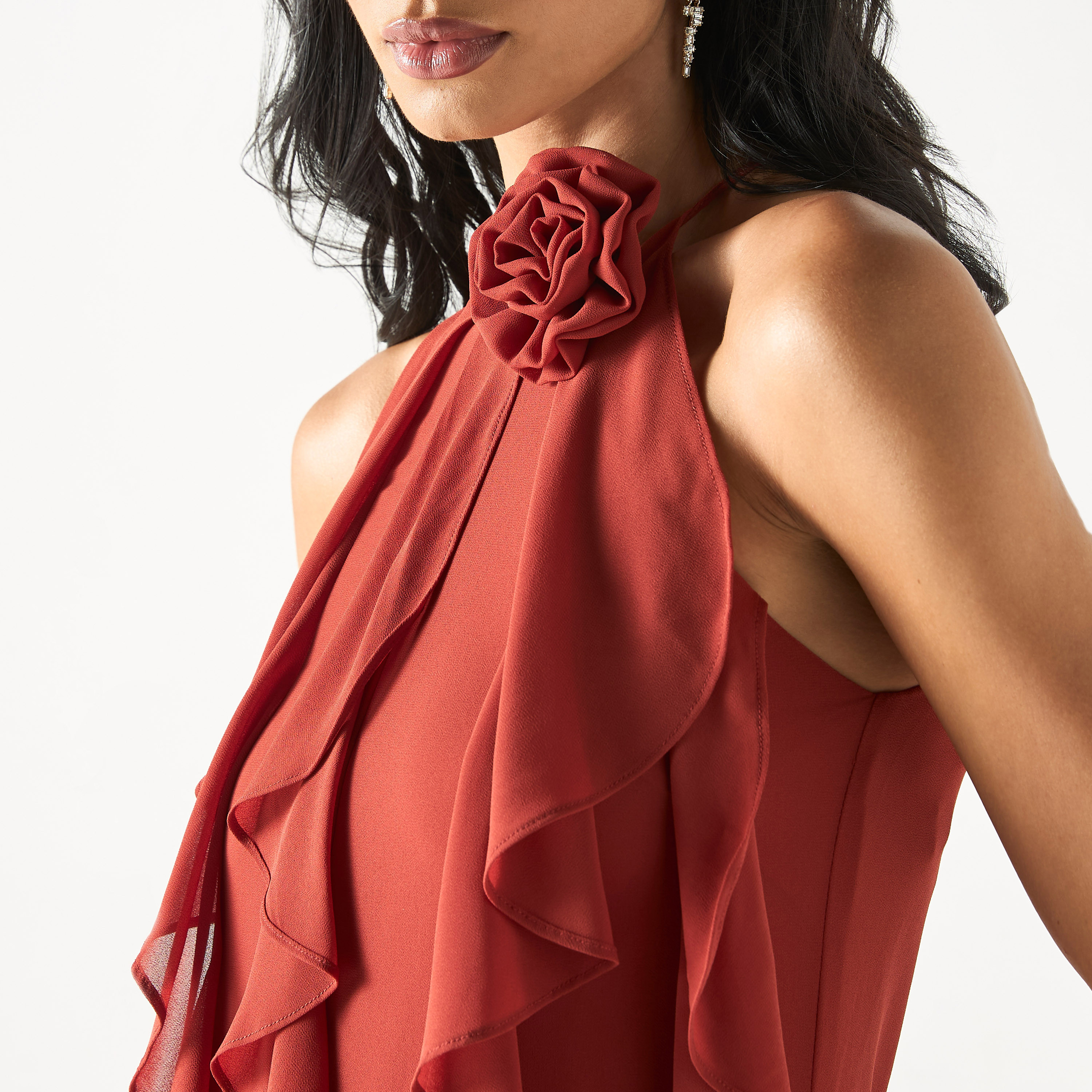 Ruffle Detail Sleeveless Dress with High Neck and Floral Accent-women-clothing-dresses-image-4