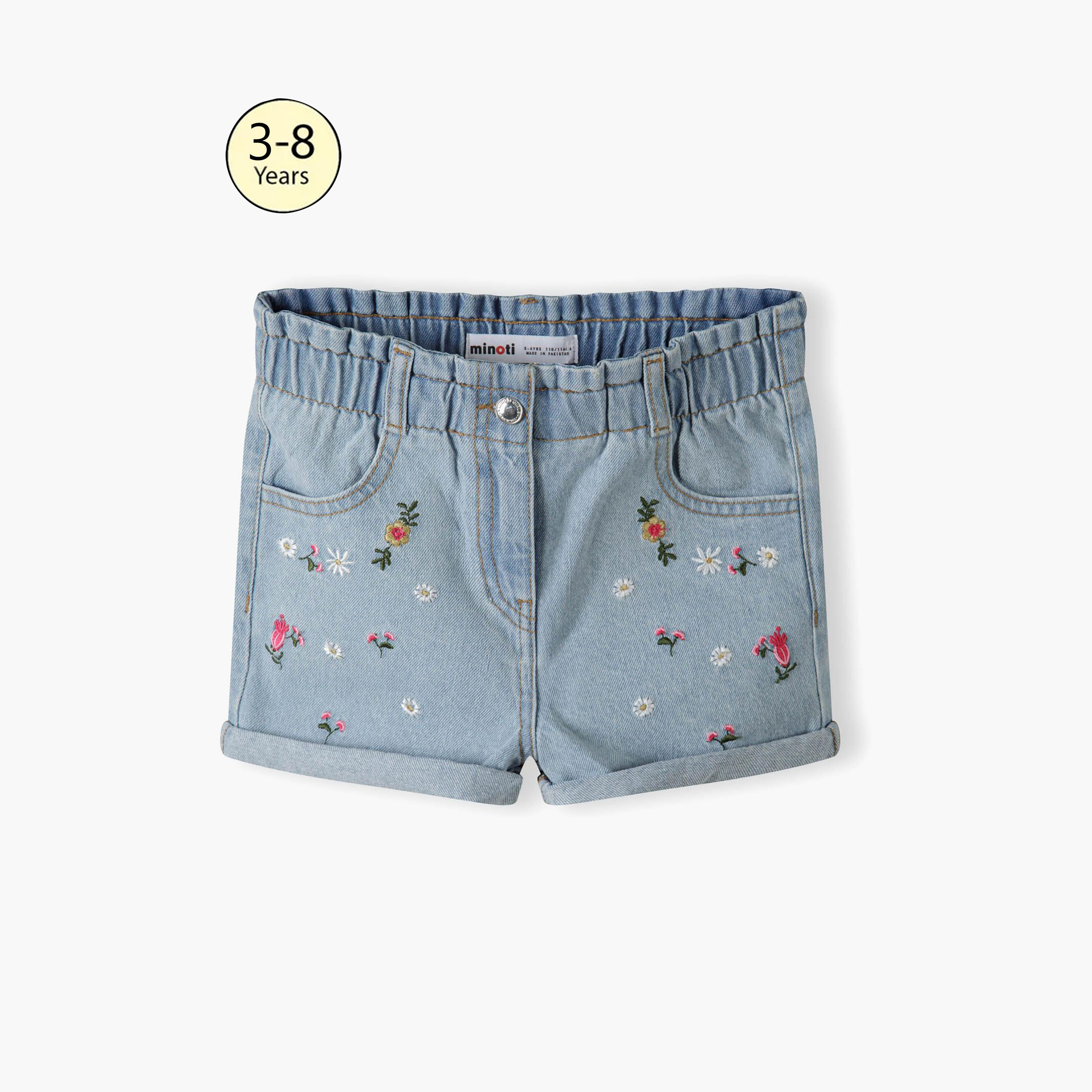 Minoti Paberbag Waist Floral Embroidered Denim Shorts-baby-girls-clothing-bottoms-shorts-image-1