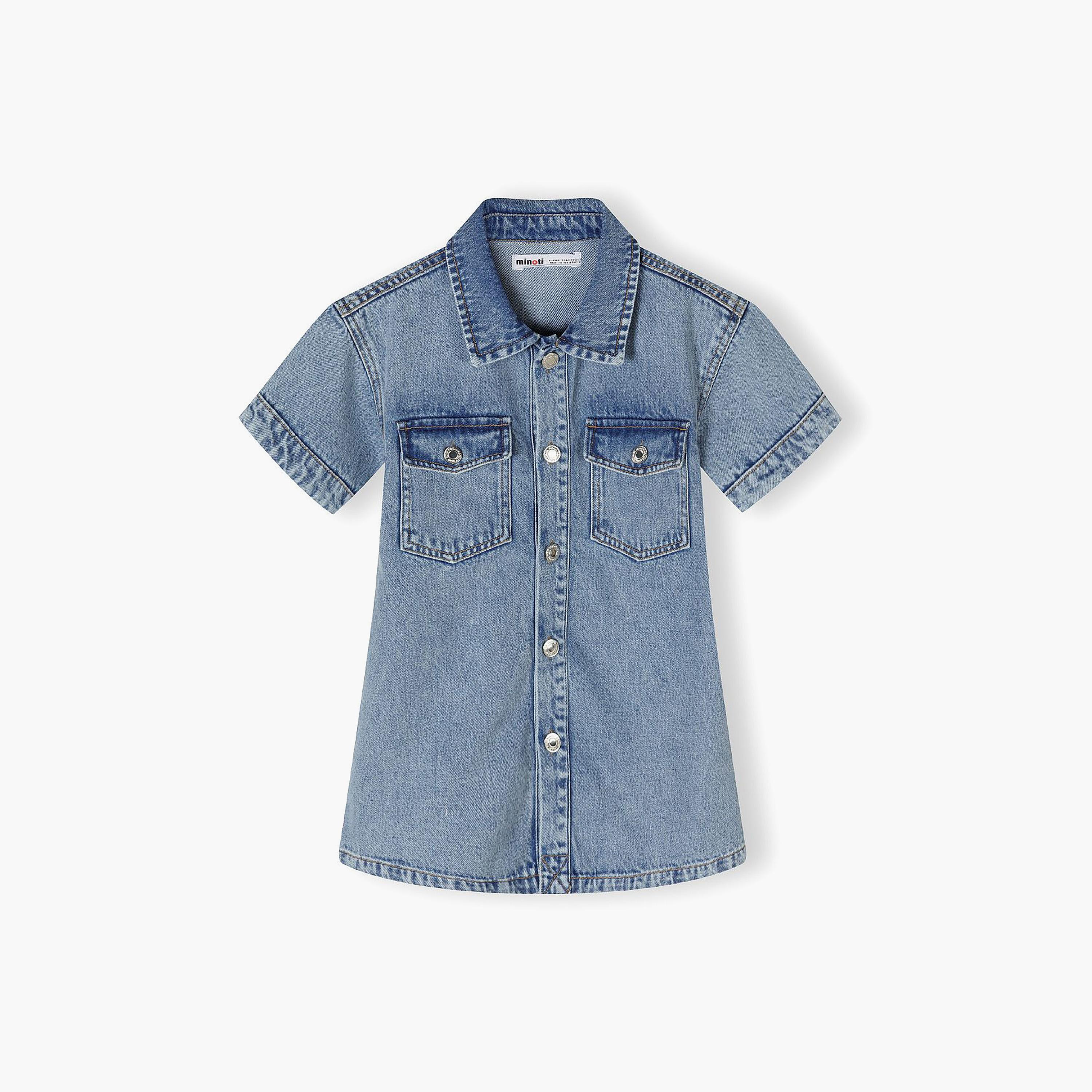 فستان جينز بأكمام قصيرة وياقة من مينوتي-girls-clothing-dressesandjumpsuits-image-2