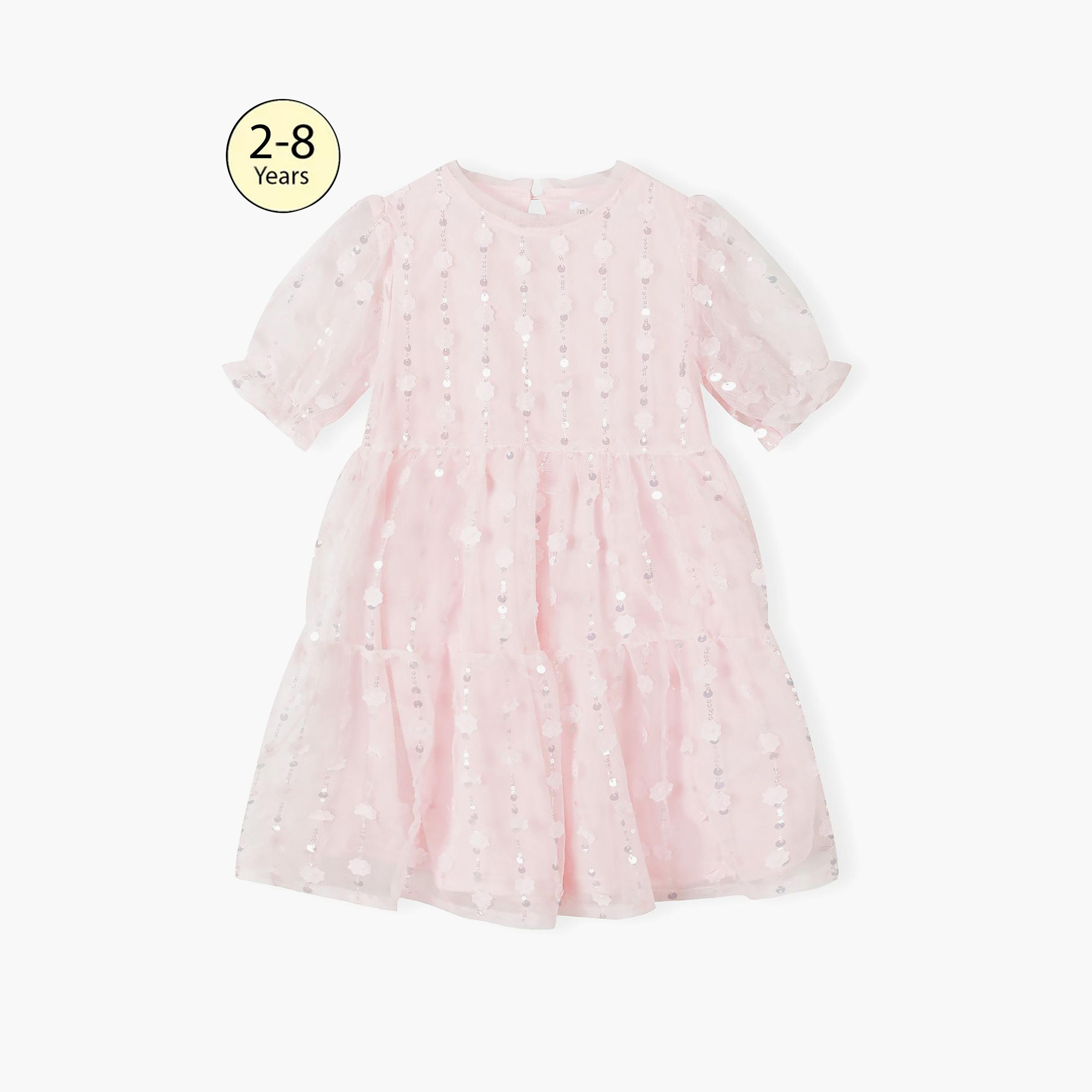 فستان قصير الأكمام مزين بالترتر وتفاصيل الزهور من مينوتي-girls-clothing-dressesandjumpsuits-image-1