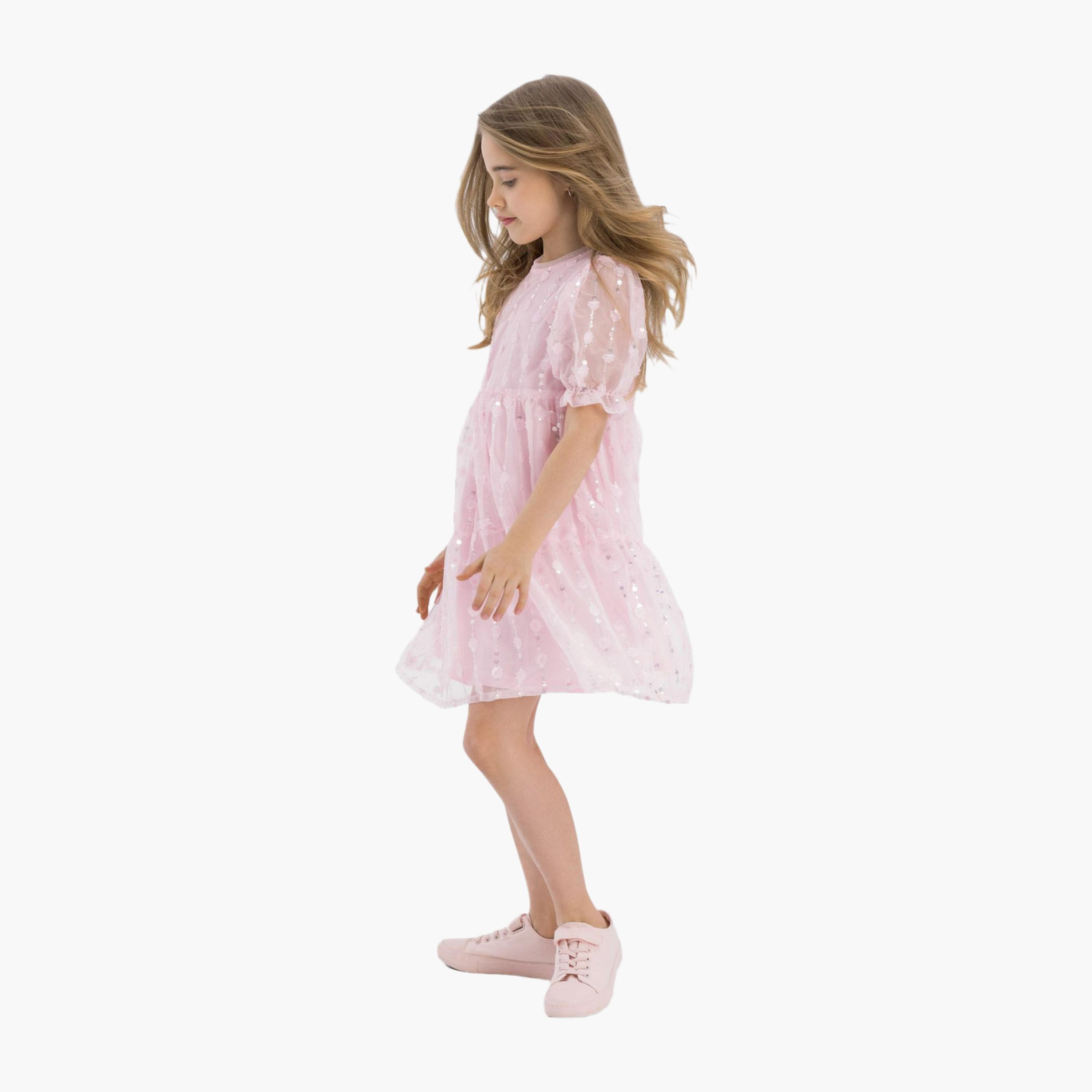 فستان قصير الأكمام مزين بالترتر وتفاصيل الزهور من مينوتي-girls-clothing-dressesandjumpsuits-image-2