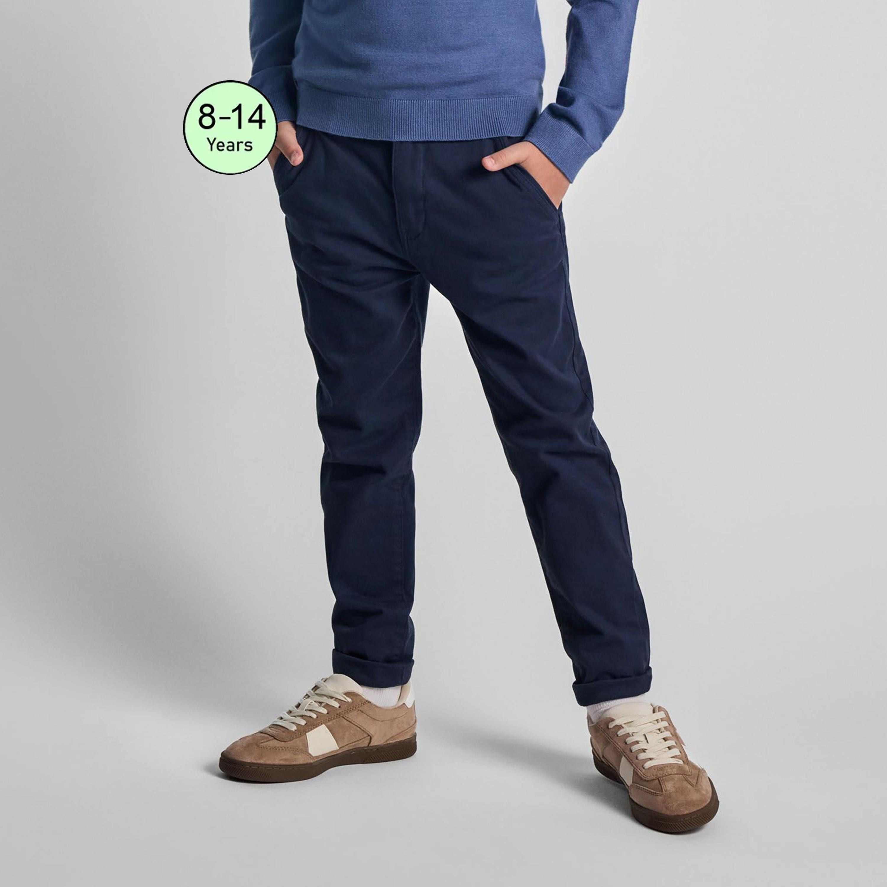 Minoti Solid Button Waist Cotton Blend Chinos Pants-boys-clothing-schoolwear-bottoms-pants-image-1