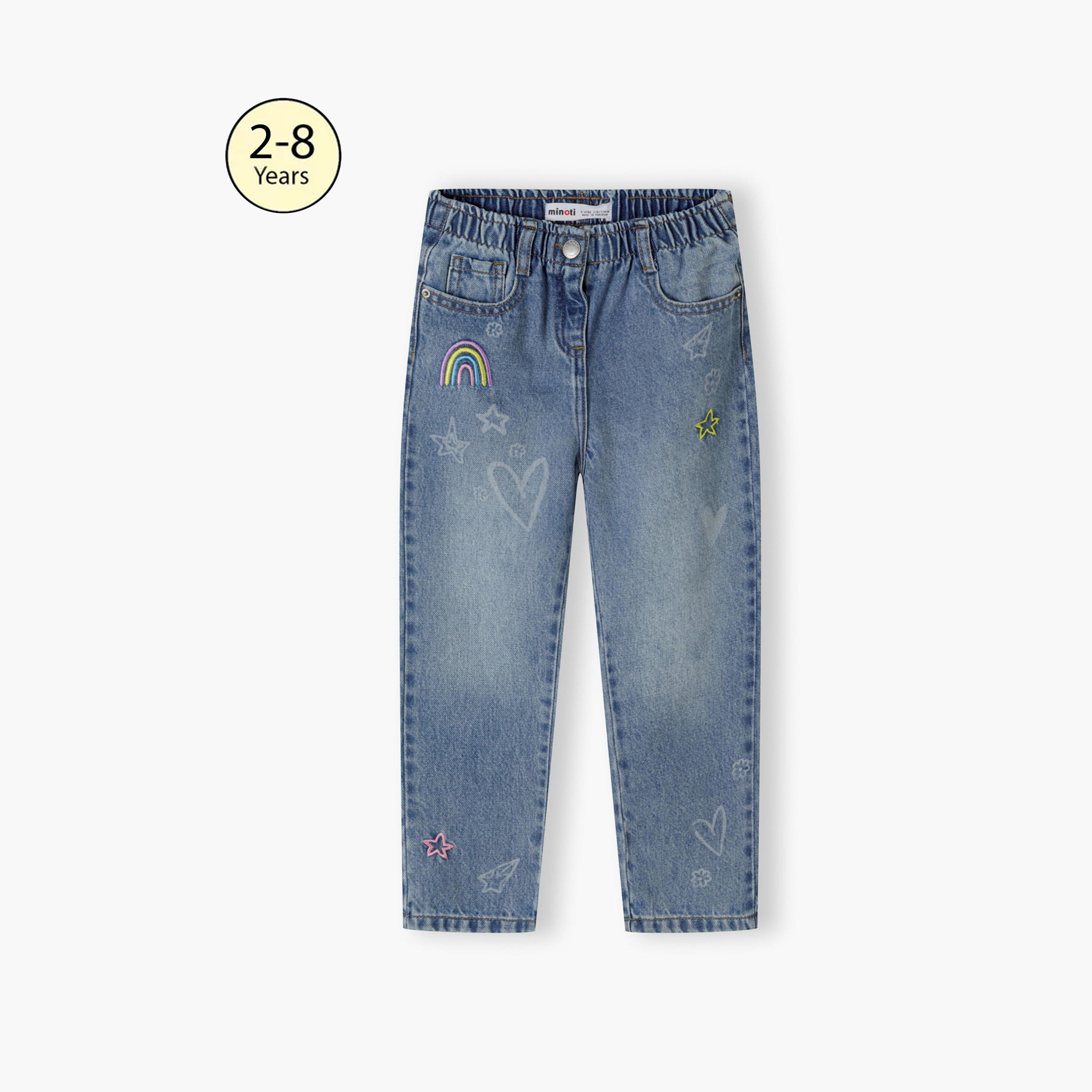 Minoti Printed Elasticated Waist Cotton Jeans-girls-clothing-bottoms-jeansandjeggings-image-1
