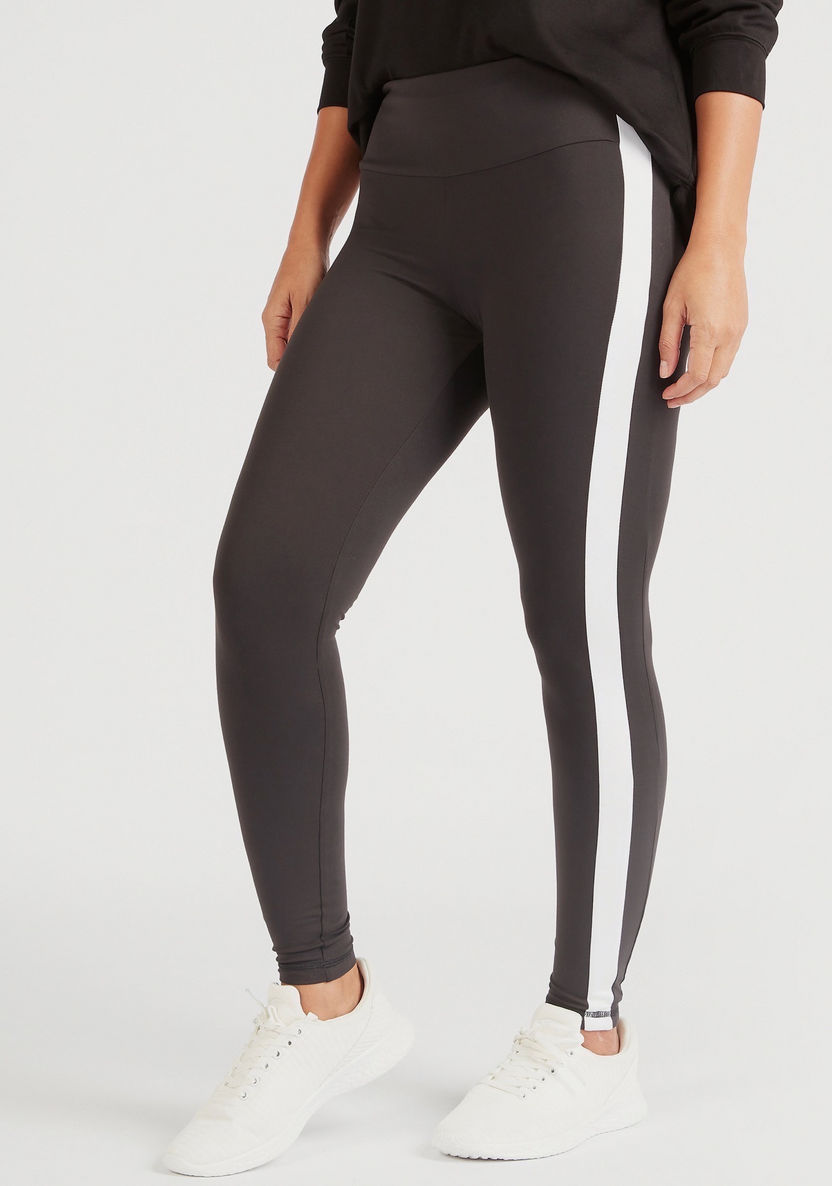 Solid Leggings with Elasticised Waistband and Tape Detail-Bottoms-image-0