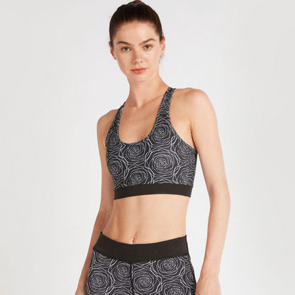 Printed Sports Bra with Mesh Insert Racerback and Scoop Neck