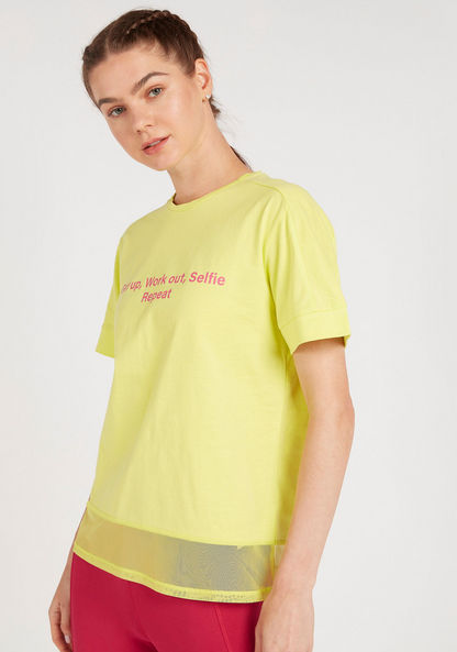 Slogan Print T-shirt with Mesh Panel and Short Sleeves