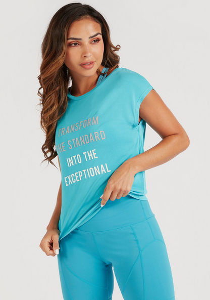 Slogan Print T-shirt with Round Neck and Cap Sleeves