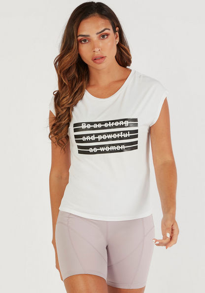 Slogan Print T-shirt with Round Neck and Cap Sleeves-T Shirts and Vests-image-0