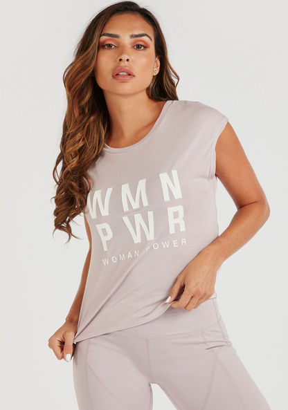 Slogan Print T-shirt with Round Neck and Cap Sleeves