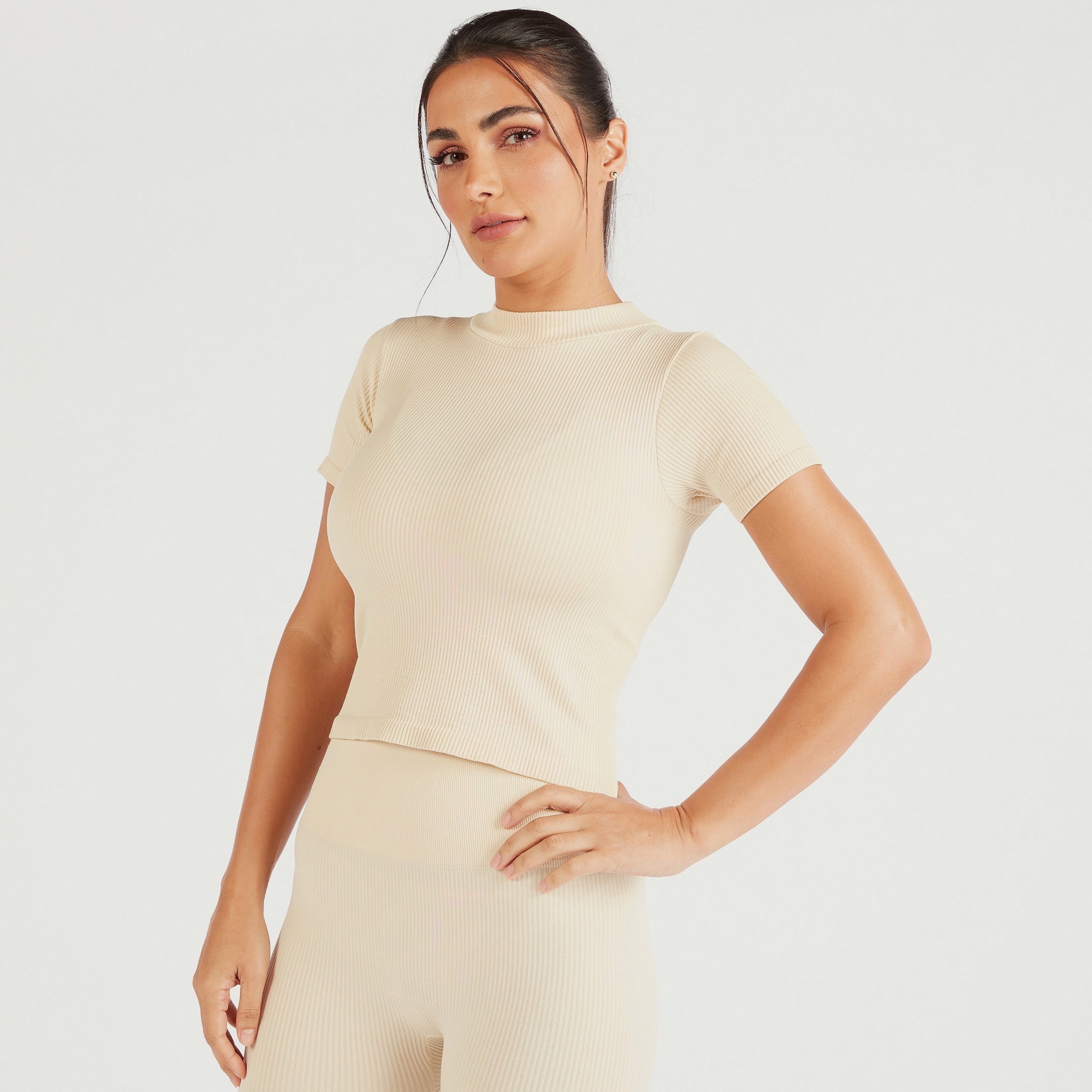 Ribbed T-shirt with Crew Neck and Short Sleeves-sports-women-clothing-tshirtsandvests-image-2