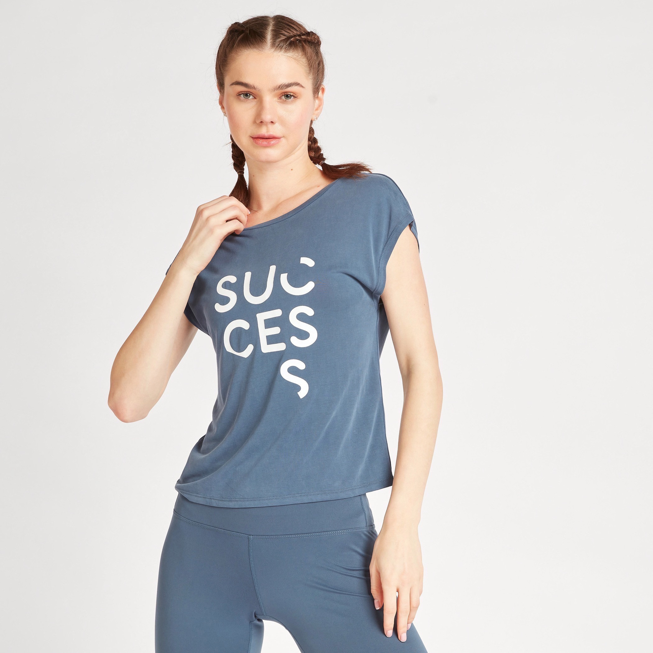 Typographic Print Round Neck T-shirt with Cap Sleeves-sports-women-clothing-tshirtsandvests-image-1