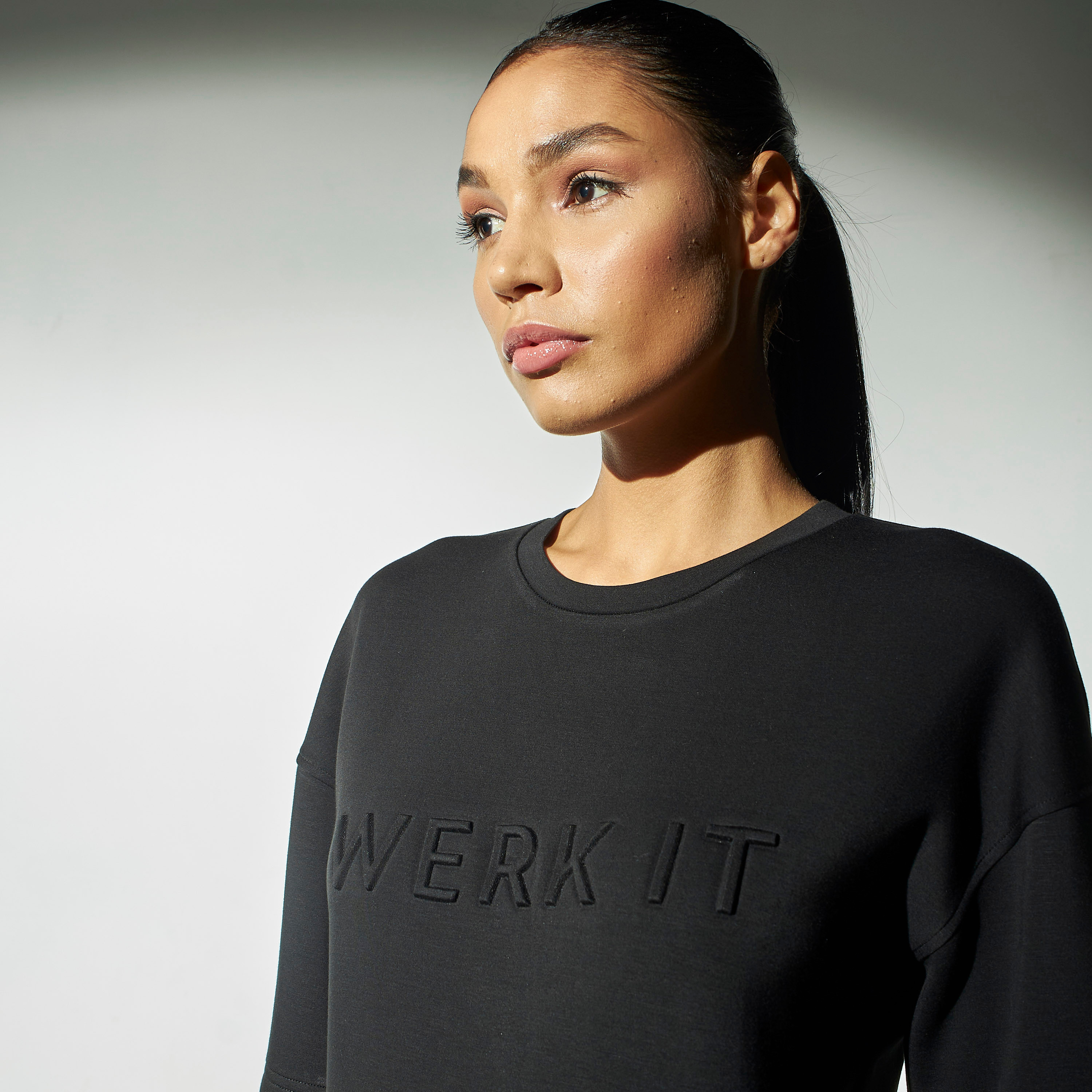 Buy Women s Typography Embossed Sweatshirt with Short Sleeves Online Centrepoint UAE