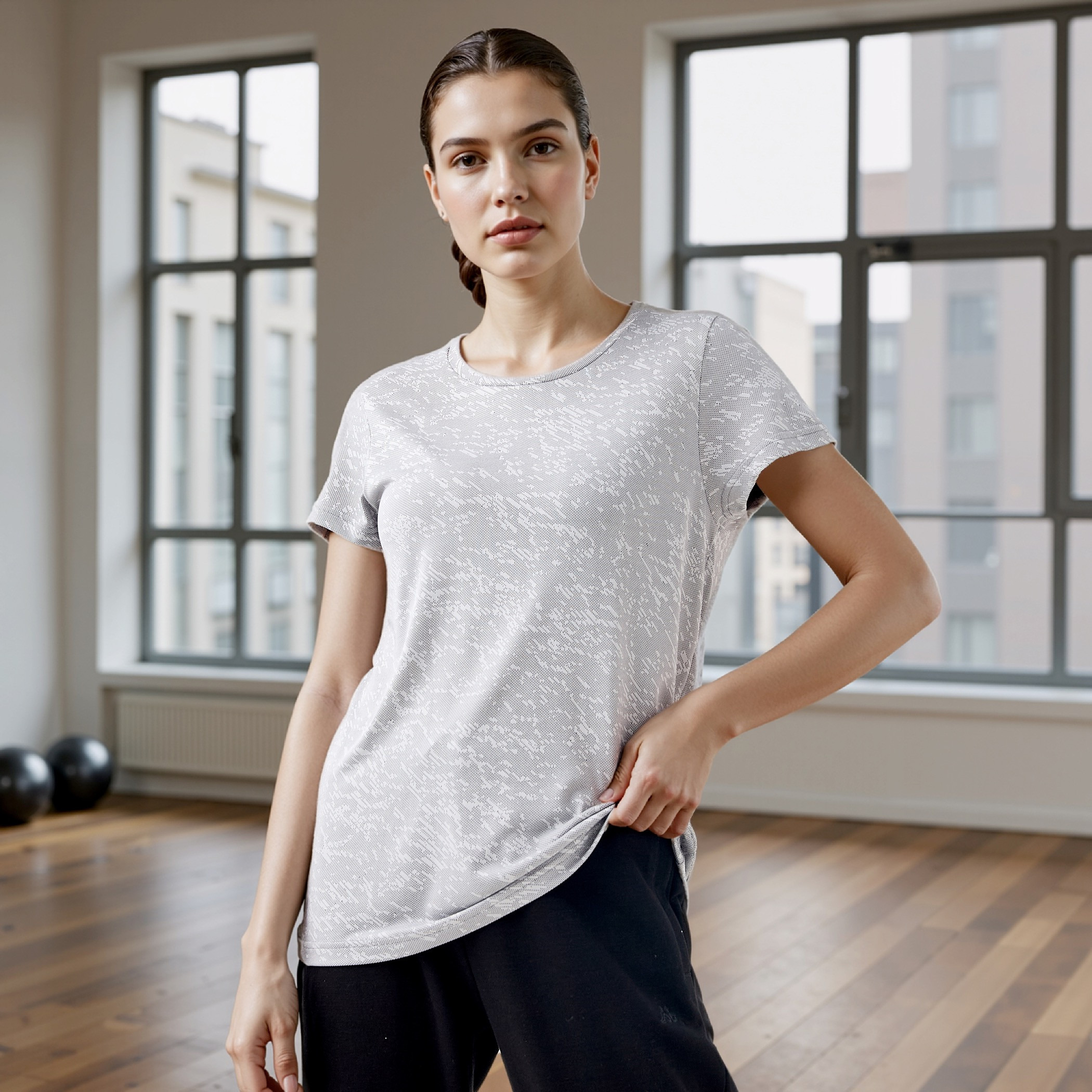 Jacquard Textured Round Neck T-shirt with Short Sleeves-women-clothing-tshirts-image-2