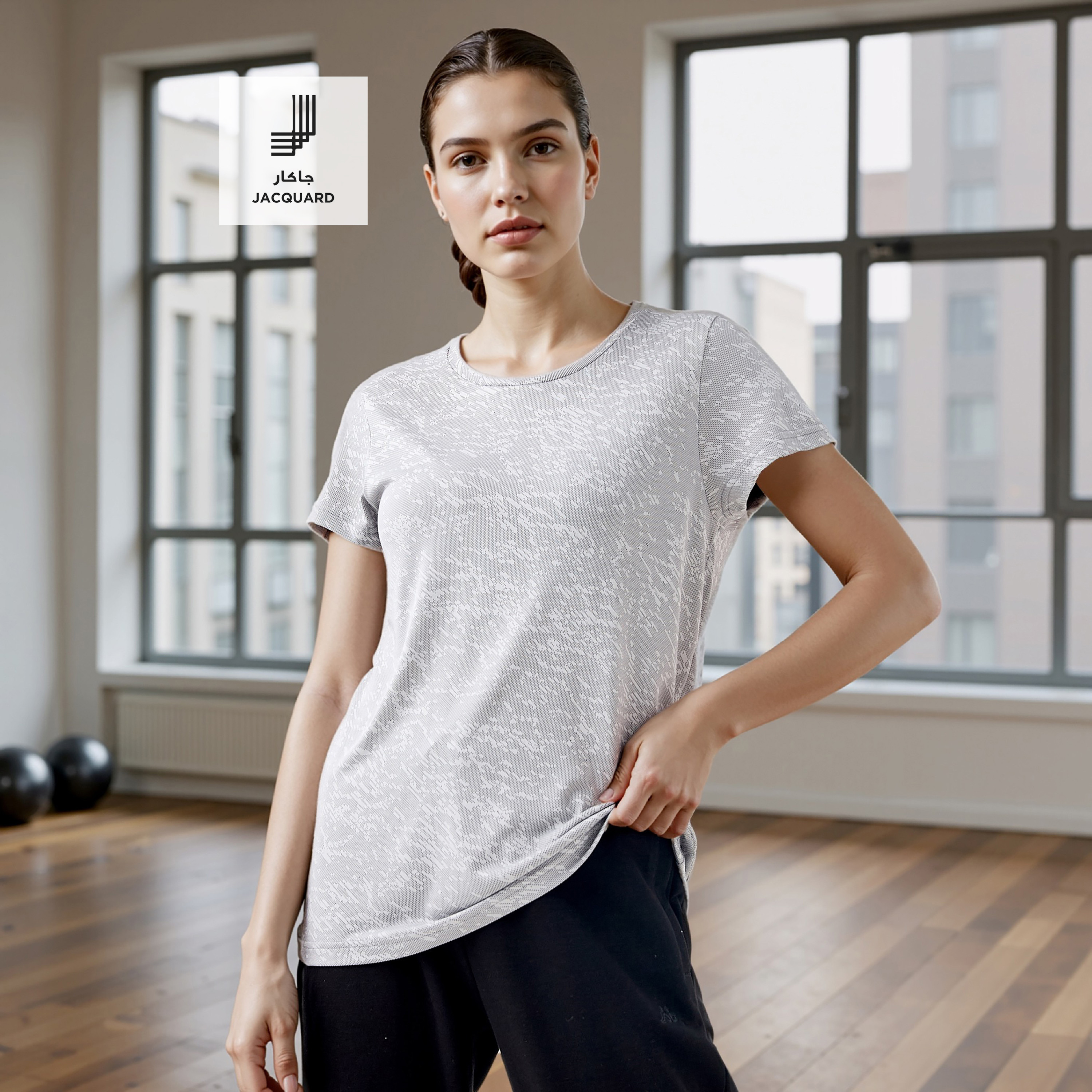 Jacquard Textured Round Neck T-shirt with Short Sleeves-women-clothing-tshirts-image-3