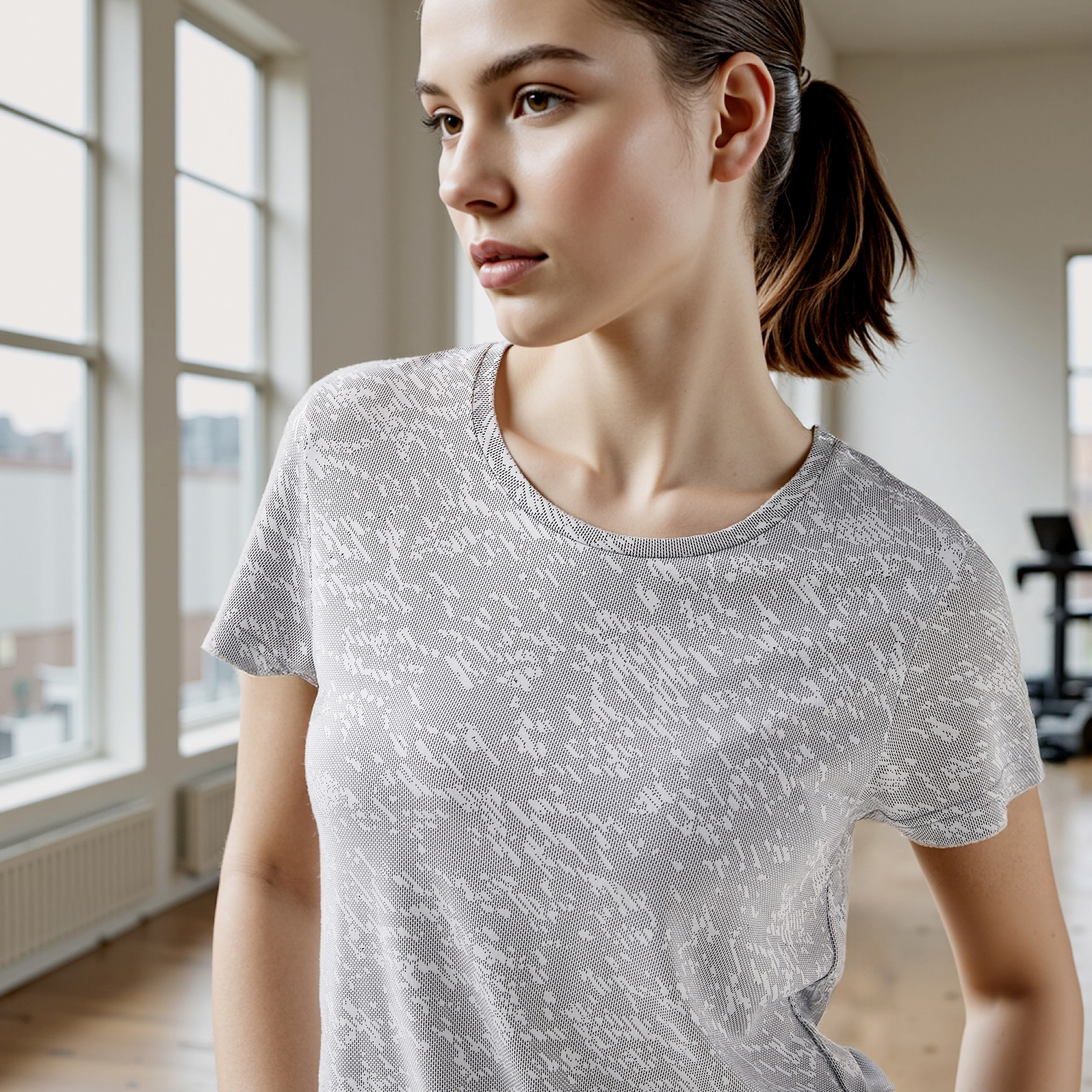 Jacquard Textured Round Neck T-shirt with Short Sleeves-women-clothing-tshirts-image-5