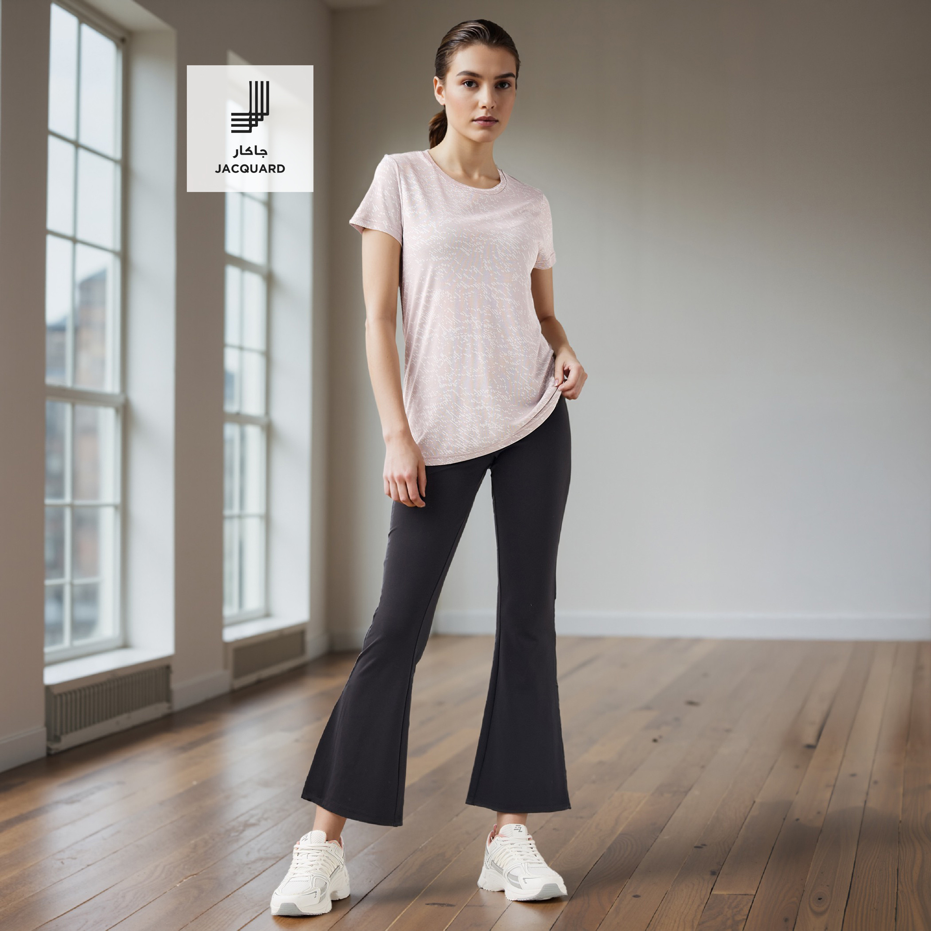 Jacquard Textured Round Neck T-shirt with Short Sleeves-women-clothing-tshirts-image-2