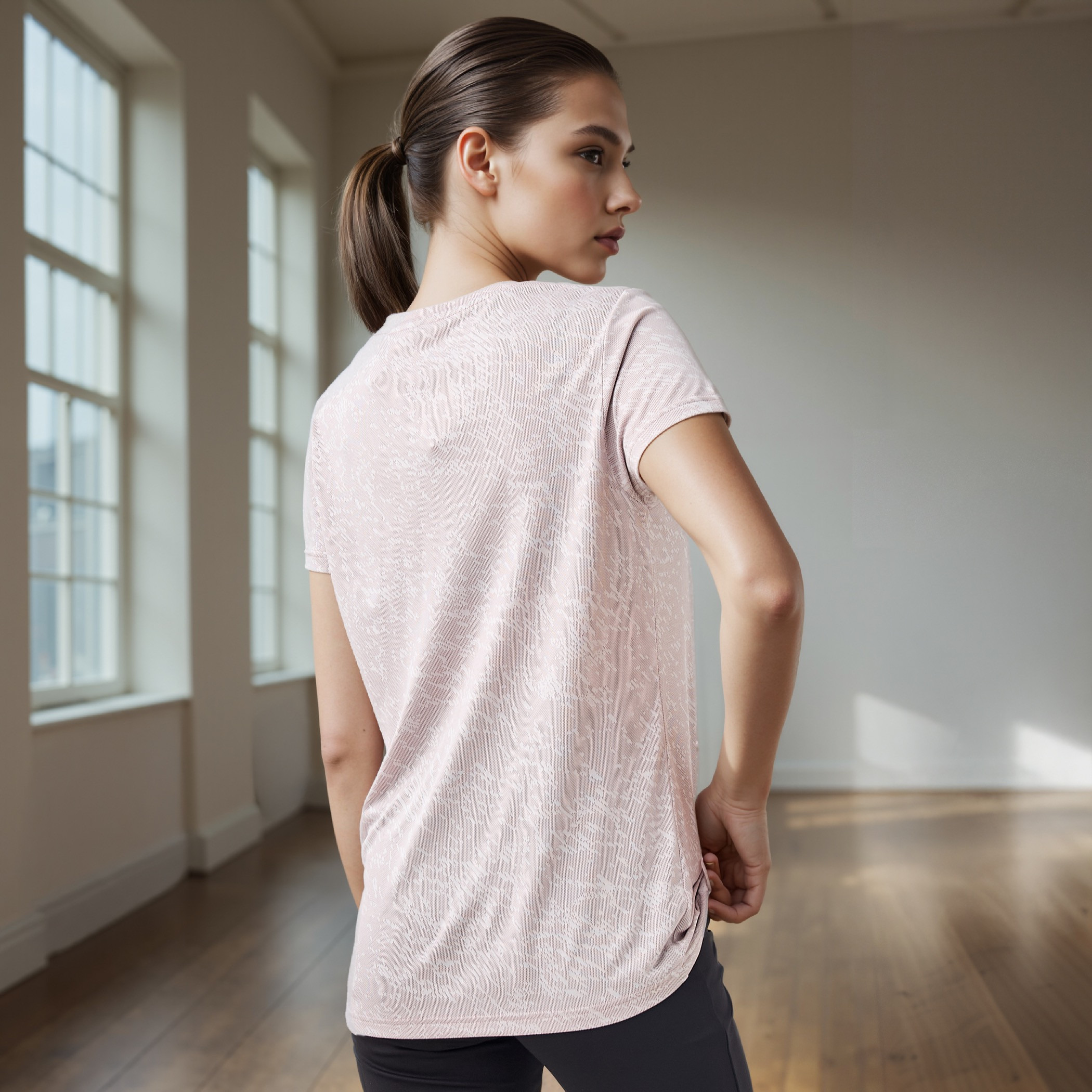 Jacquard Textured Round Neck T-shirt with Short Sleeves-women-clothing-tshirts-image-3