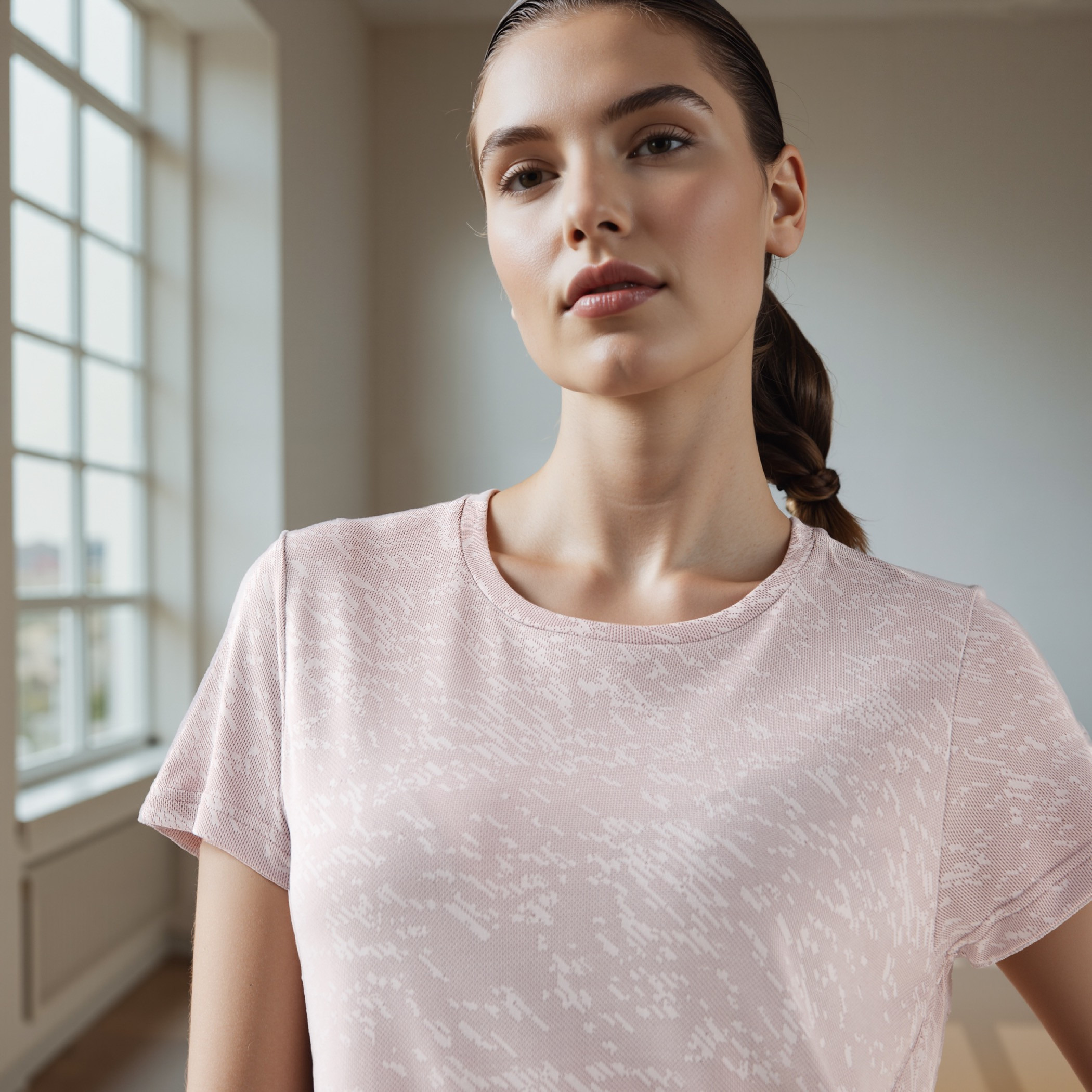 Jacquard Textured Round Neck T-shirt with Short Sleeves-women-clothing-tshirts-image-4