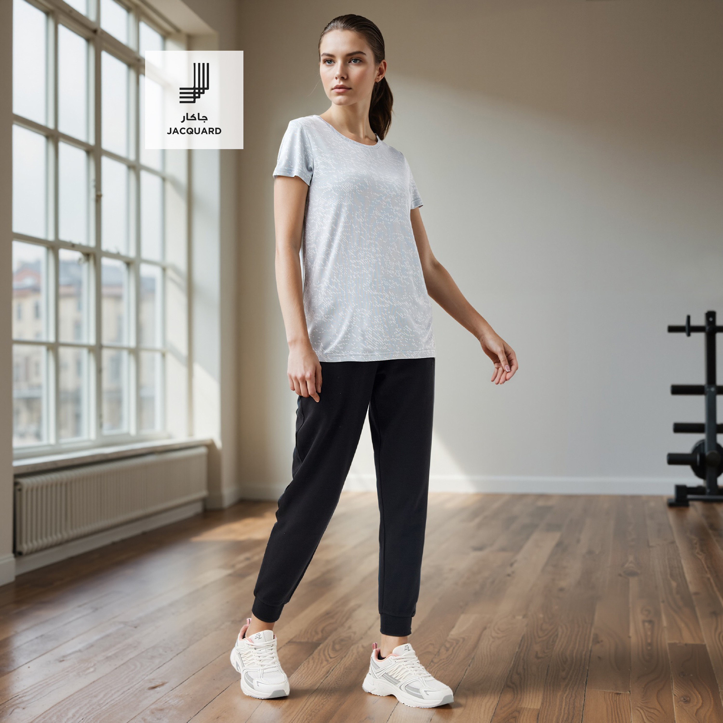 Jacquard Textured Round Neck T-shirt with Short Sleeves-women-clothing-tshirts-image-2