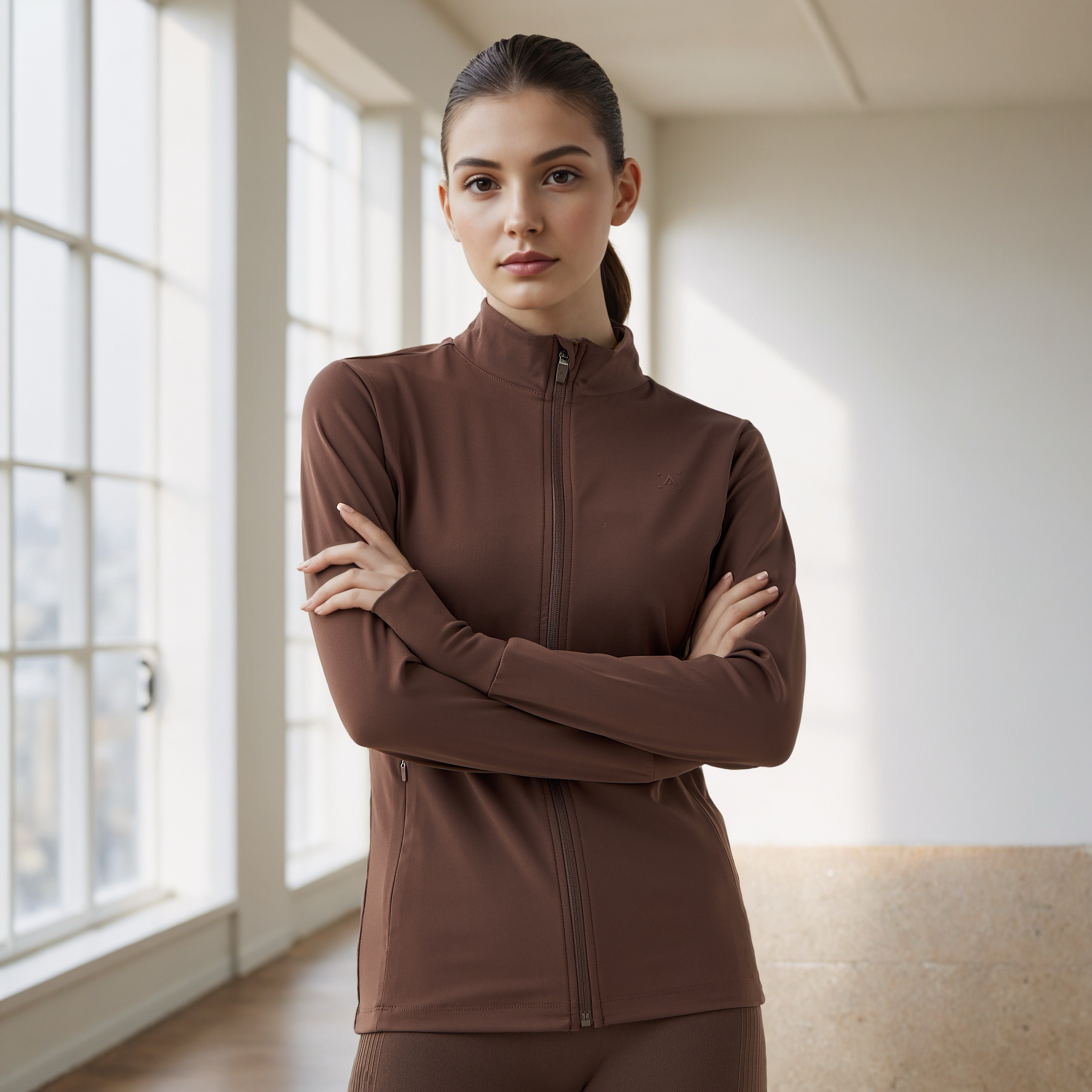 جاكيت بسحاب إغلاق وياقة عالية وتفاصيل فتحة إبهام-sports-women-clothing-coatsandjackets-jackets-image-1