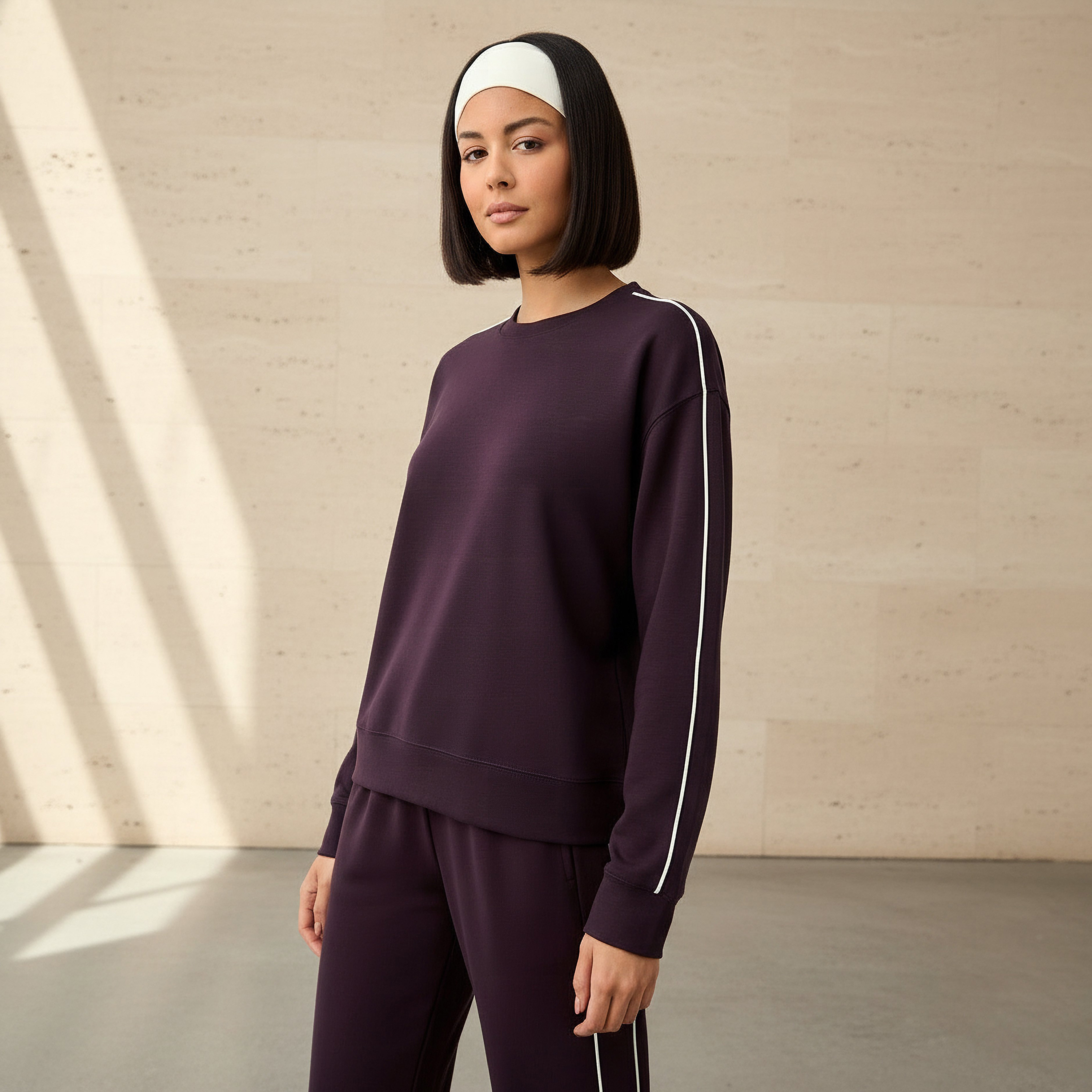 Women Contrast Piping Sweatshirt-women-clothing-coordsets-image-1