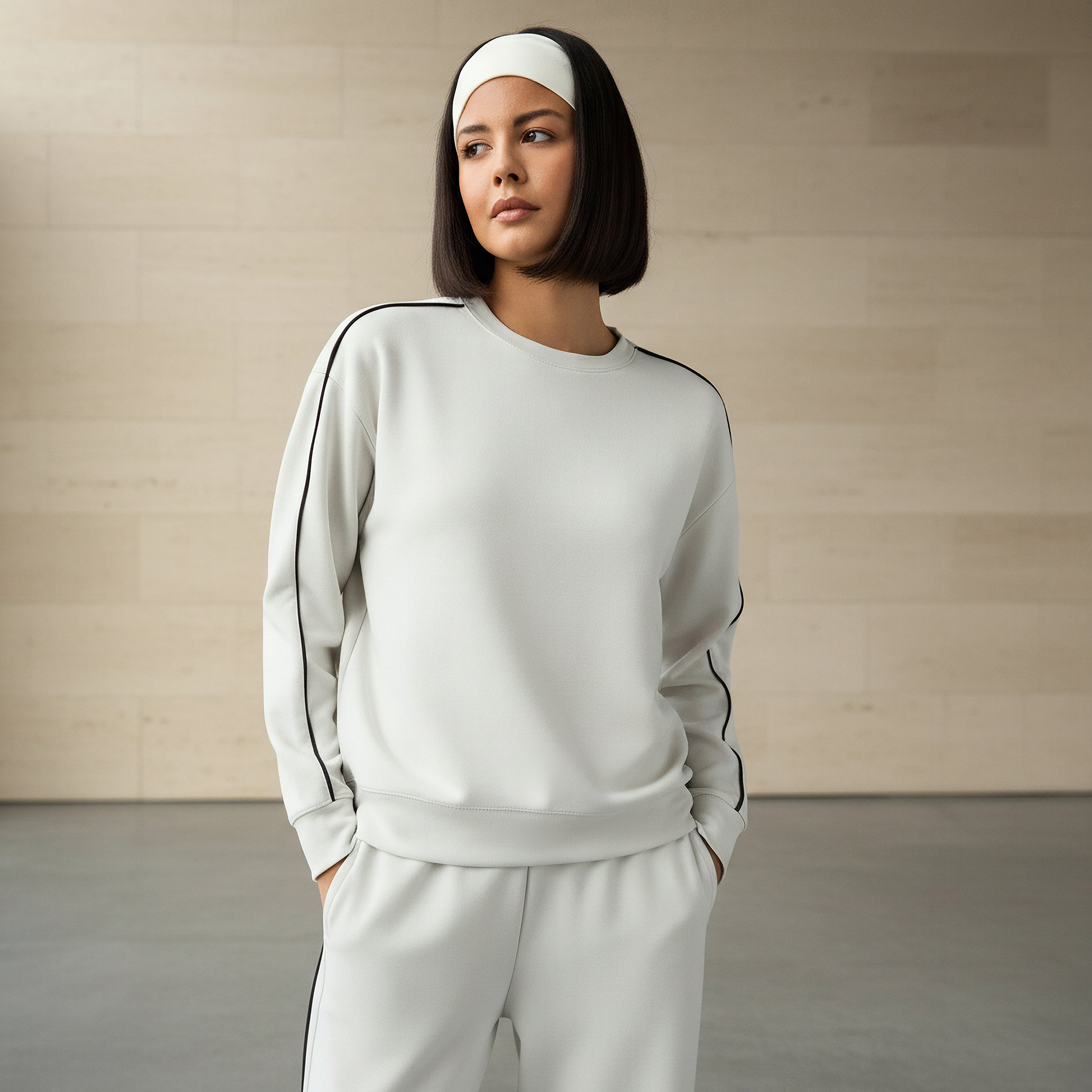 Women Contrast Piping Sweatshirt-women-clothing-coordsets-image-1