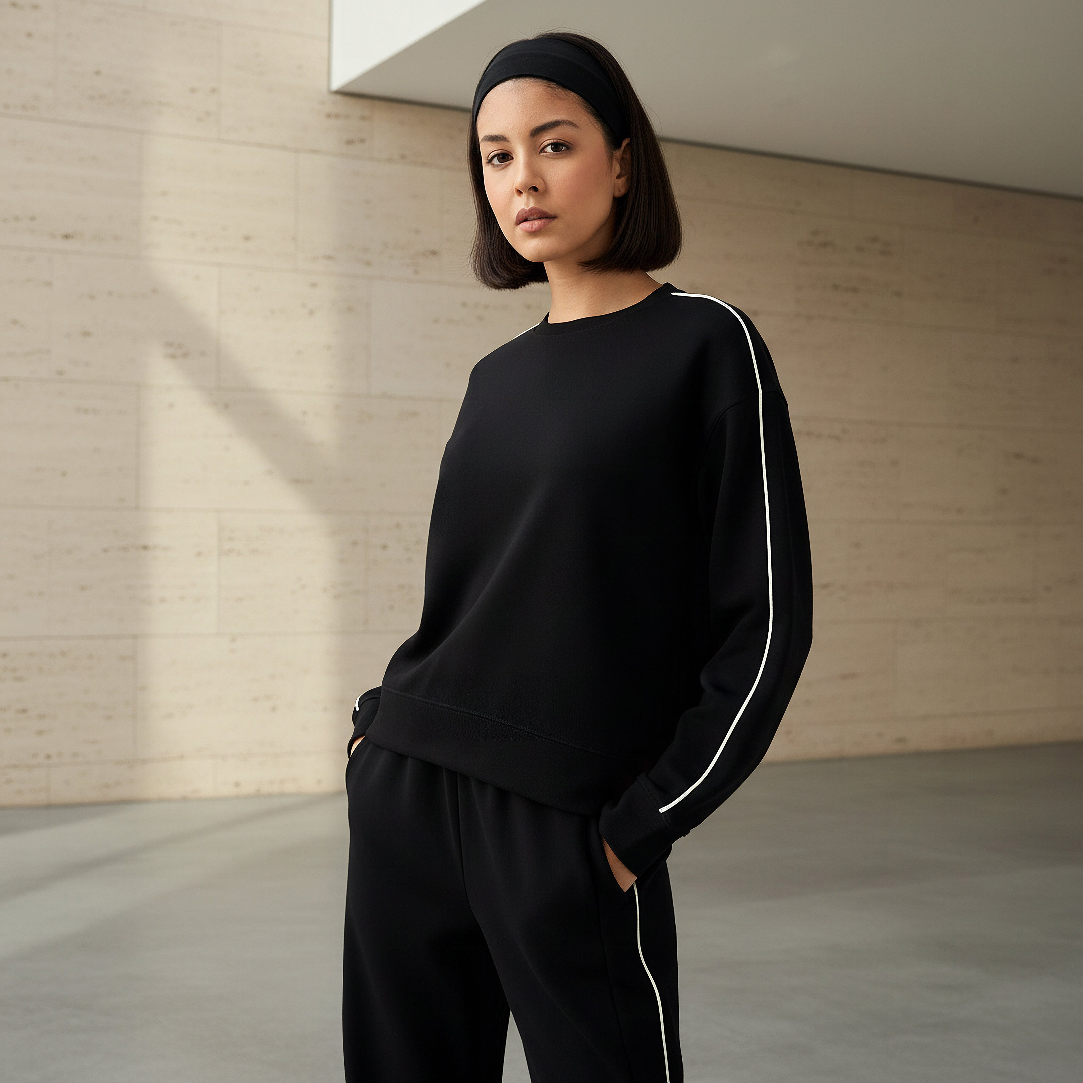 سويت شيرت بتفاصيل خطوط متباينة للنساء-women-clothing-coordsets-image-1
