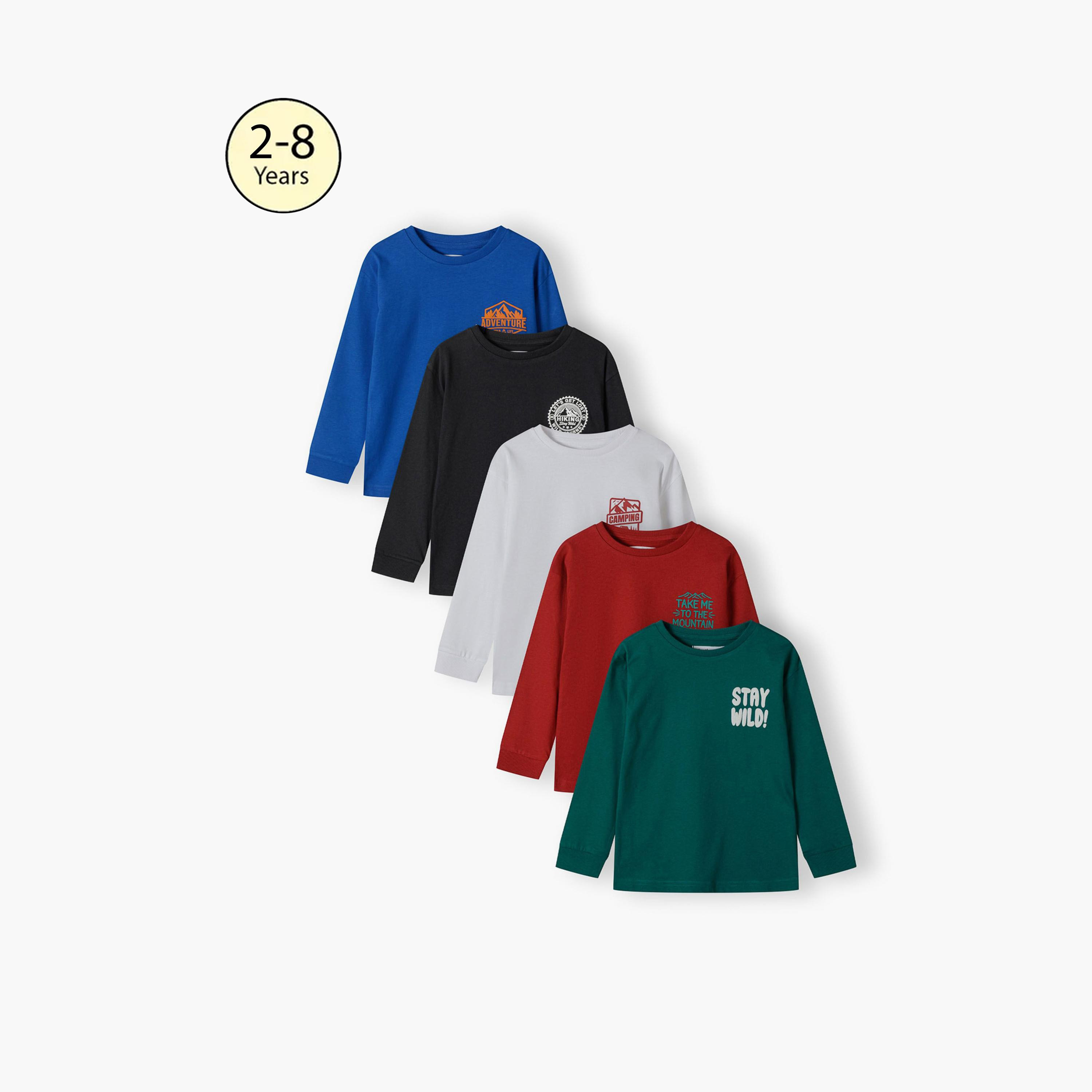 حزمة من 5 تيشيرتات بأكمام طويلة من القطن المنقوش بقبة دائرية من مينوتي-boys-clothing-tshirtsandpolos-image-1
