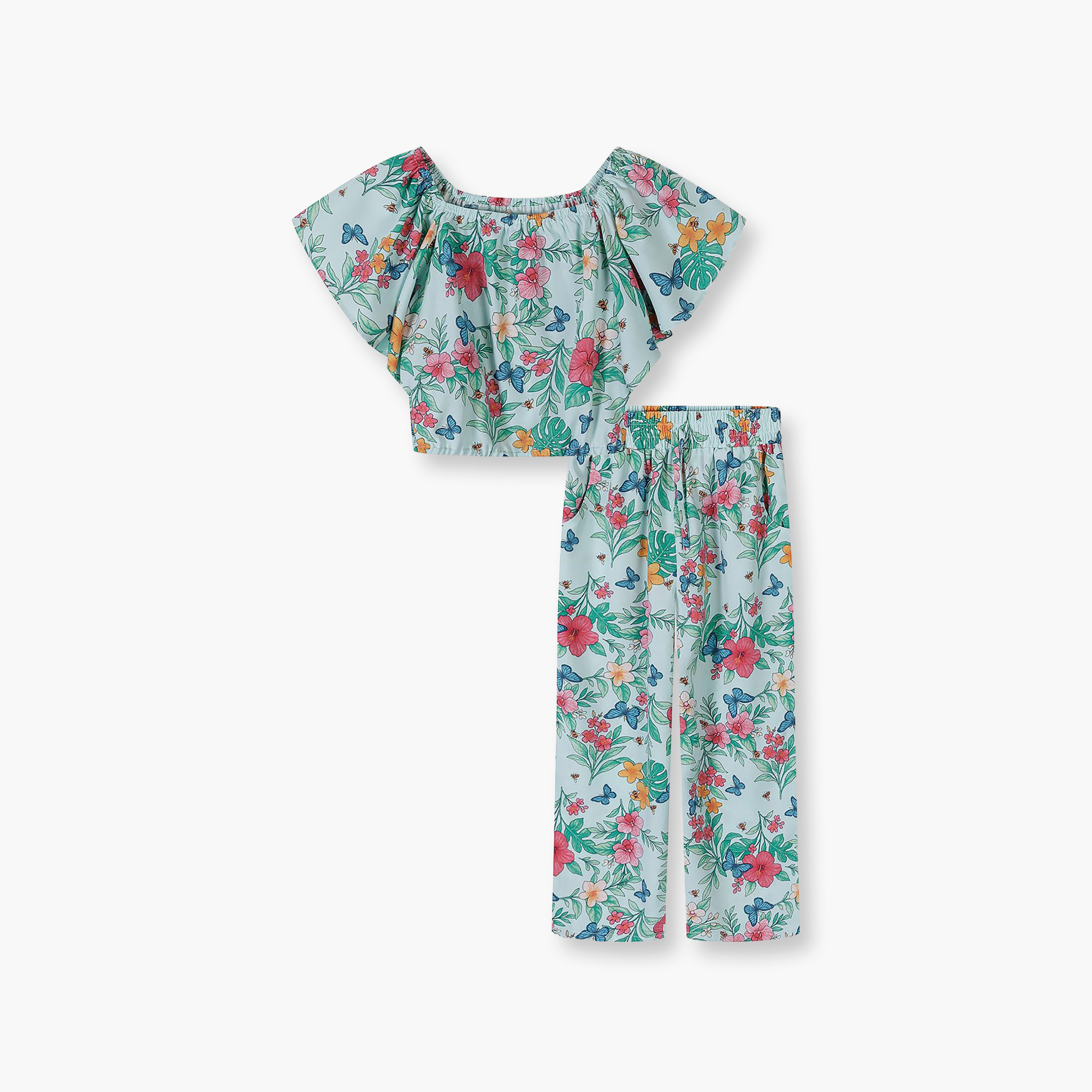 طقم بلوزة بطبعة استوائية وأكمام قصيرة وبنطلون أرجل واسعة من مينوتي-girls-clothing-setsandcoords-image-1