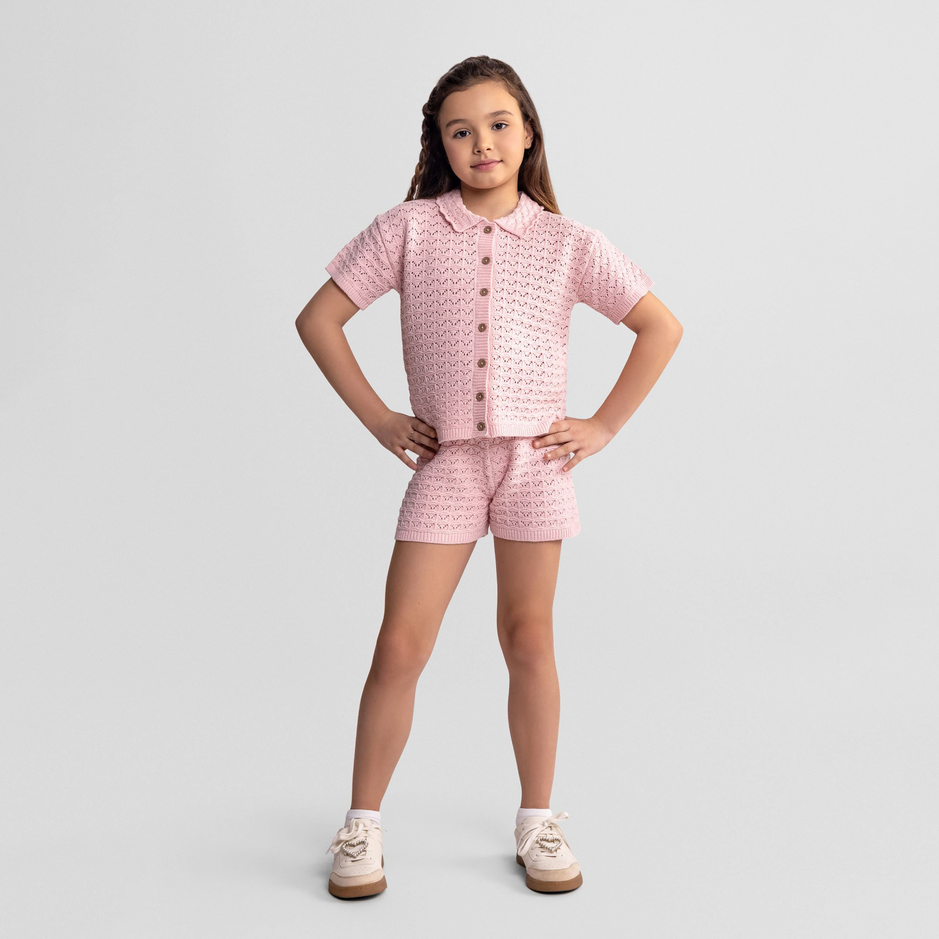 طقم قميص وشورت محبوك بنقشة بوينتيل وأكمام قصيرة من مينوتي-girls-clothing-setsandcoords-image-1