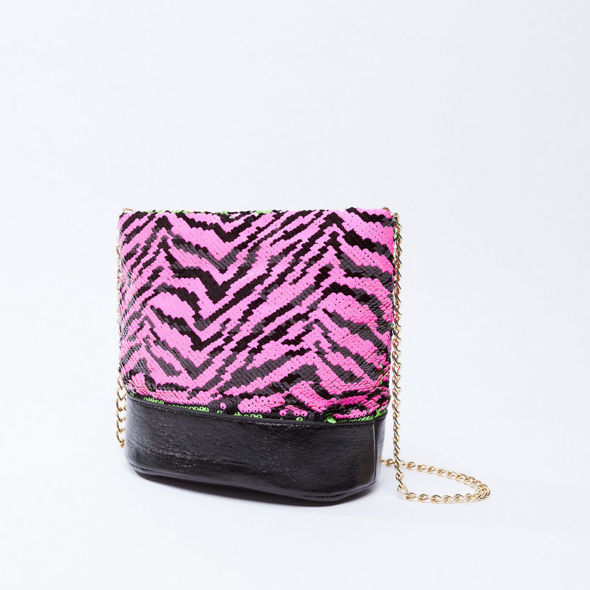 Reversible Sequin Detail Crossbody Bag with Metallic Chain-Bags-image-0