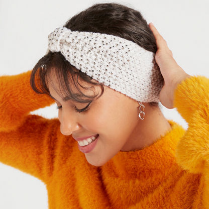 Diamante Embellished Knitted Headband with Bow Accent
