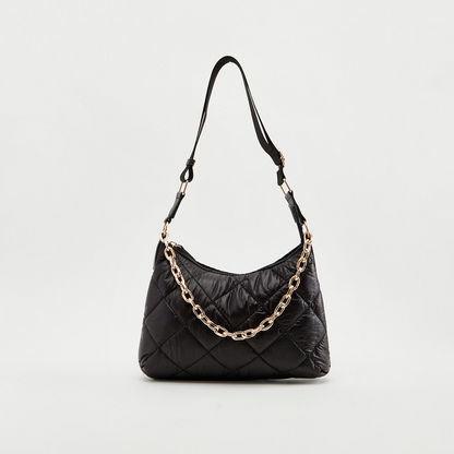 Quilted Shoulder Bag with Chain Accent and Zip Closure-Bags-image-0